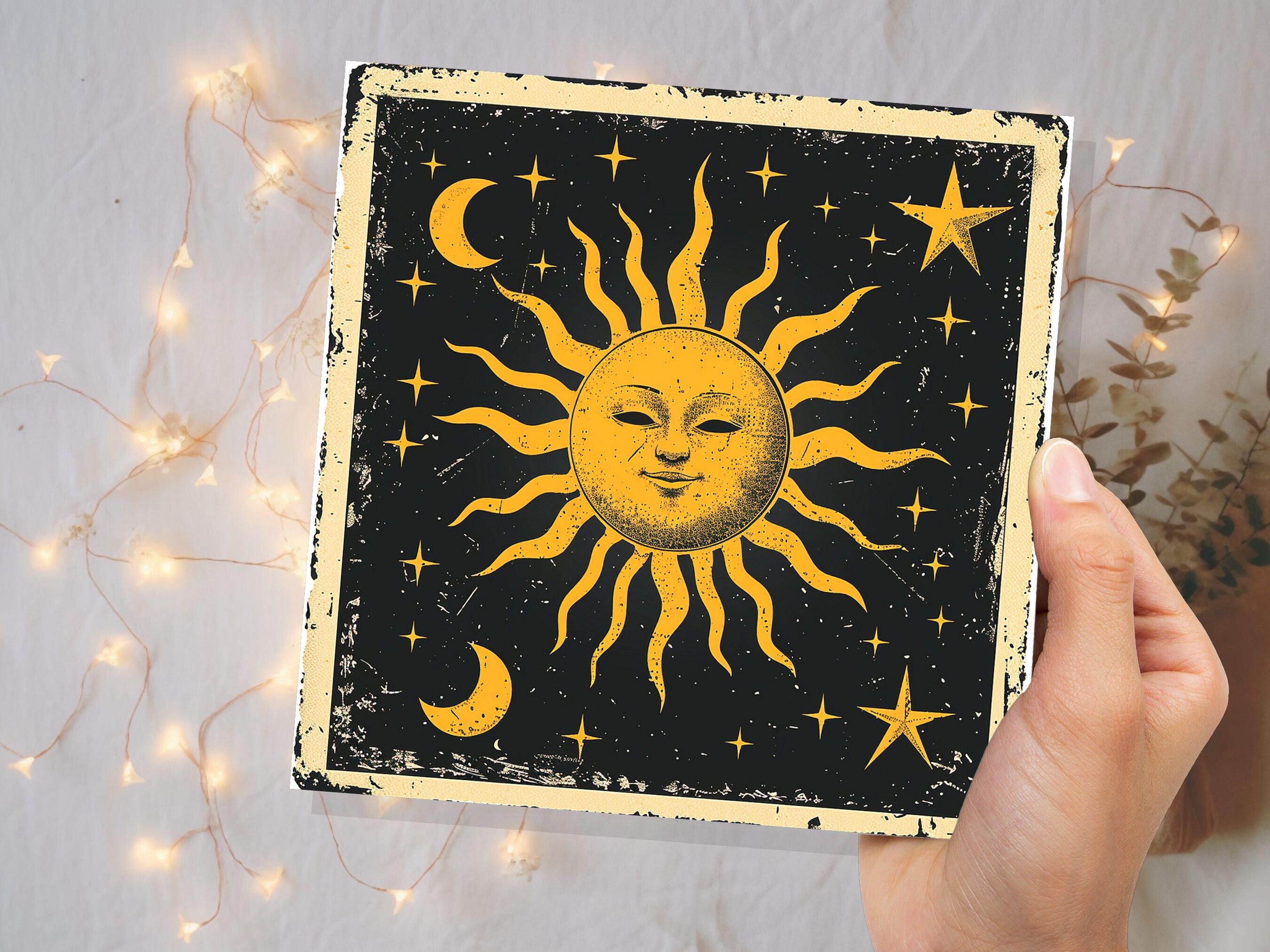 Celestial Sun Moon Card Astrological Lunar Stars Night Sky Vintage Retro Yellow Black Celestial Myth Folklore Spiritual Symbolism Astrology