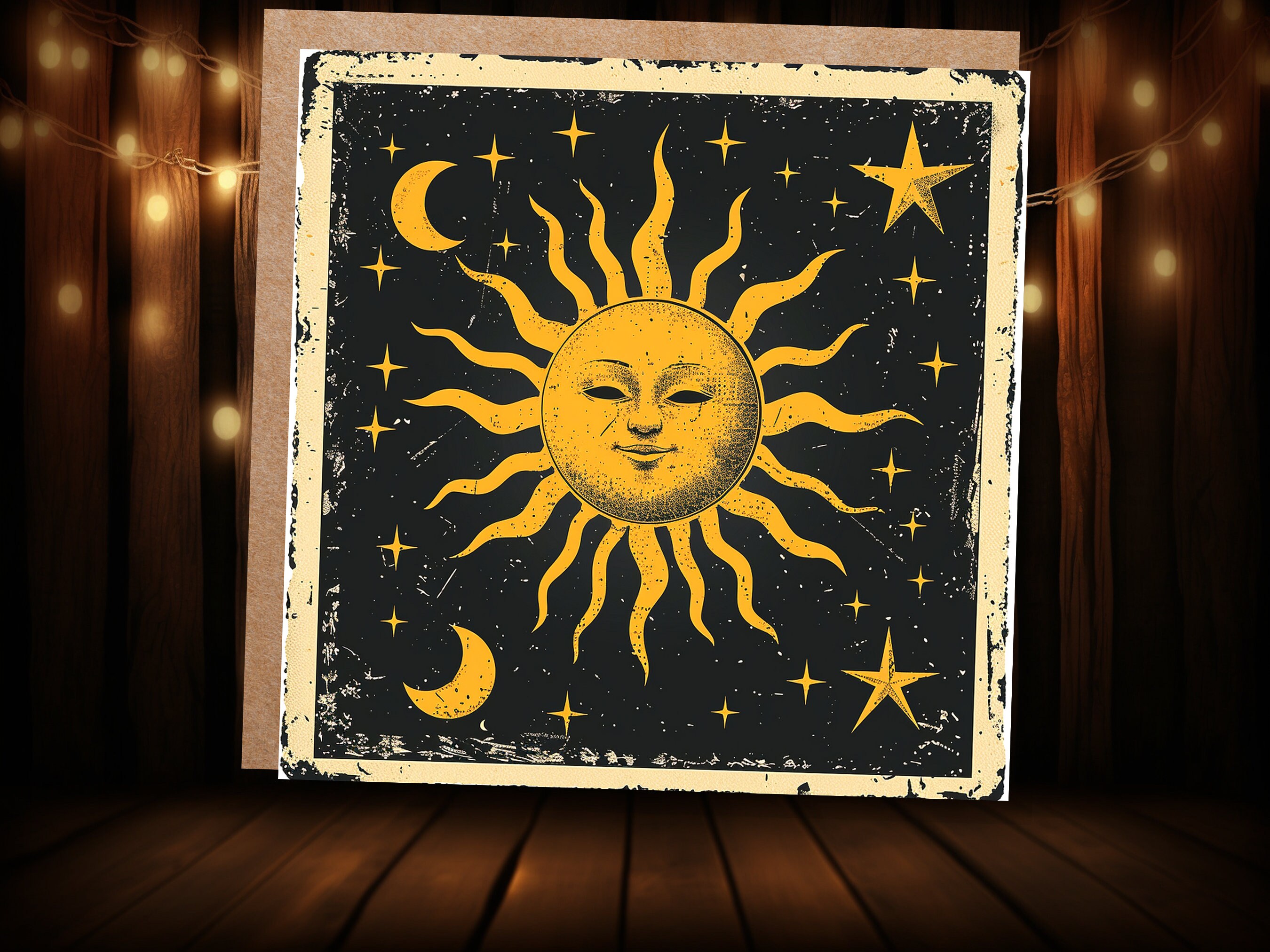 Celestial Sun Moon Card Astrological Lunar Stars Night Sky Vintage Retro Yellow Black Celestial Myth Folklore Spiritual Symbolism Astrology - View 2