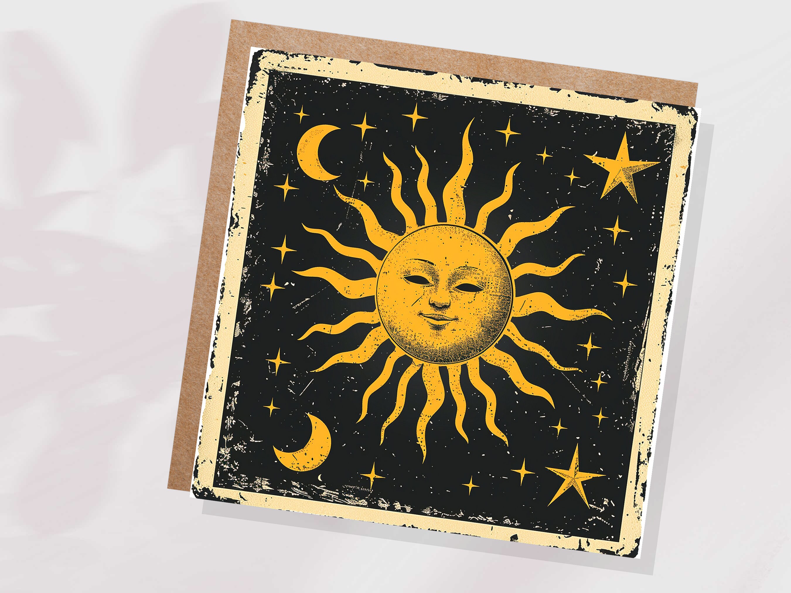 Celestial Sun Moon Card Astrological Lunar Stars Night Sky Vintage Retro Yellow Black Celestial Myth Folklore Spiritual Symbolism Astrology - View 3