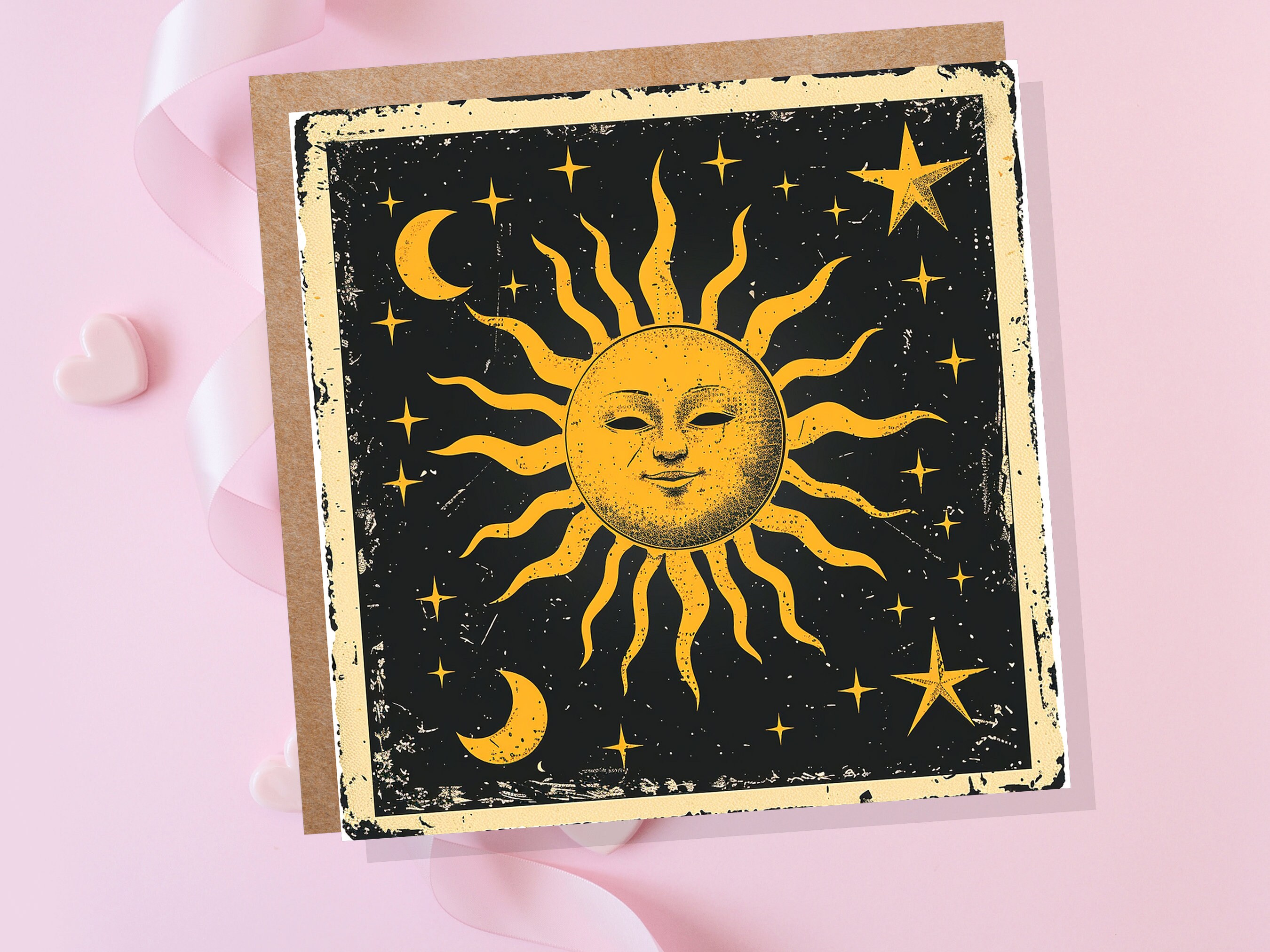 Celestial Sun Moon Card Astrological Lunar Stars Night Sky Vintage Retro Yellow Black Celestial Myth Folklore Spiritual Symbolism Astrology - View 4