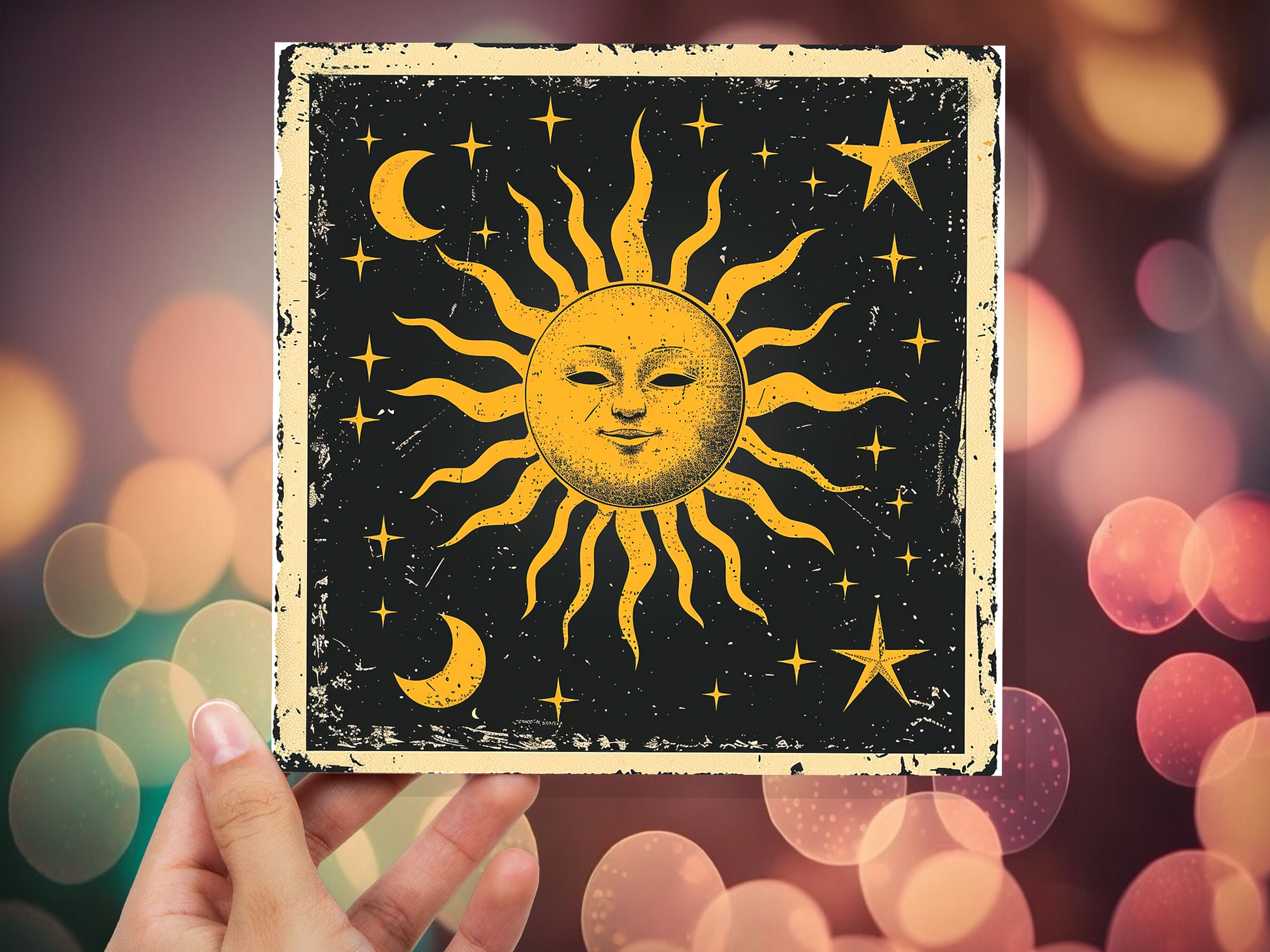 Celestial Sun Moon Card Astrological Lunar Stars Night Sky Vintage Retro Yellow Black Celestial Myth Folklore Spiritual Symbolism Astrology - View 5