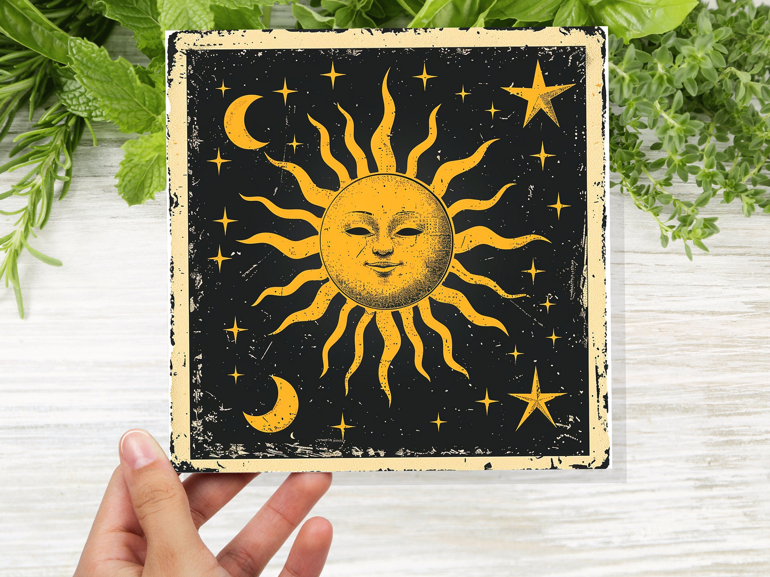 Celestial Sun Moon Card Astrological Lunar Stars Night Sky Vintage Retro Yellow Black Celestial Myth Folklore Spiritual Symbolism Astrology - View 7