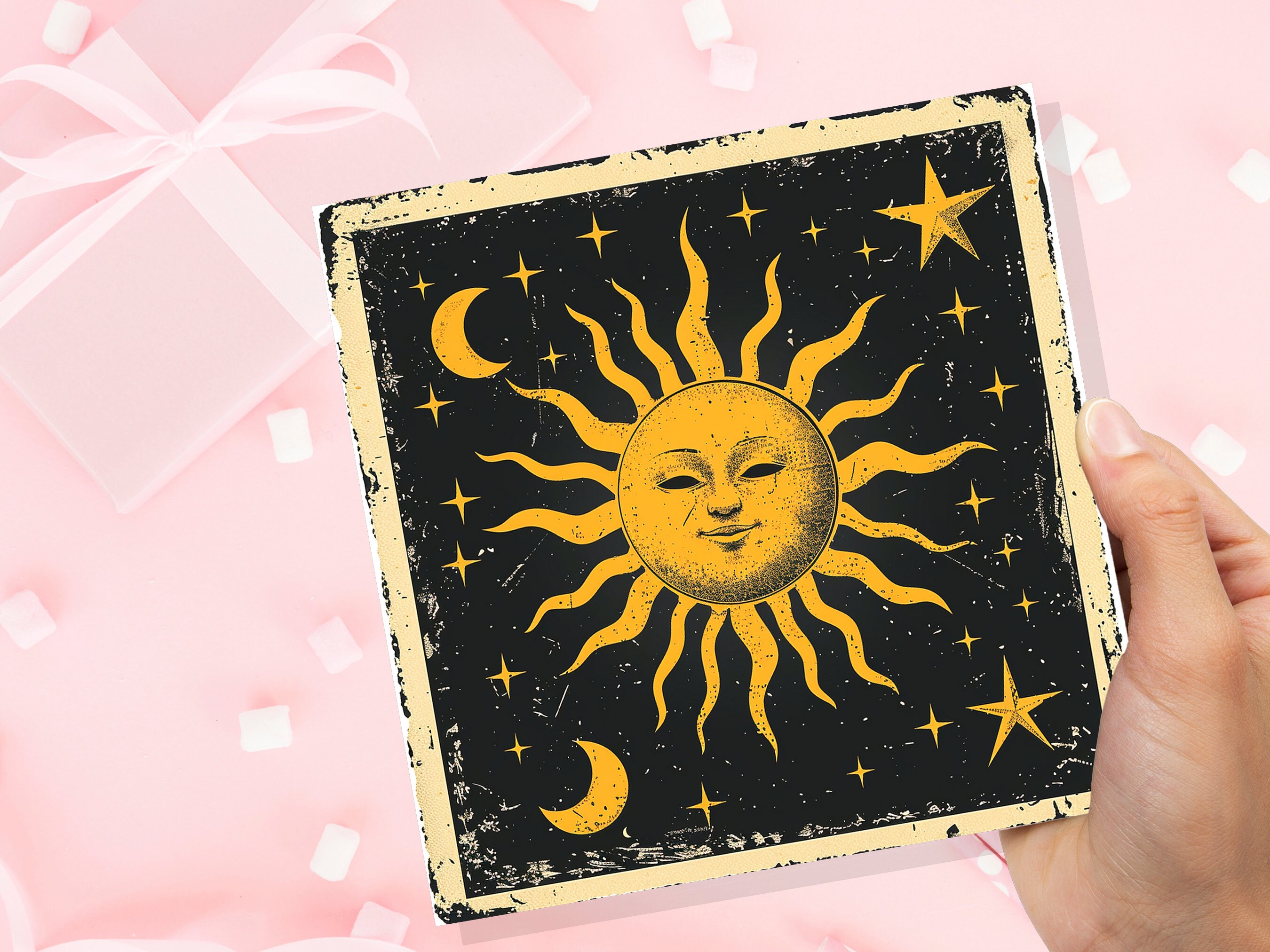 Celestial Sun Moon Card Astrological Lunar Stars Night Sky Vintage Retro Yellow Black Celestial Myth Folklore Spiritual Symbolism Astrology - View 8