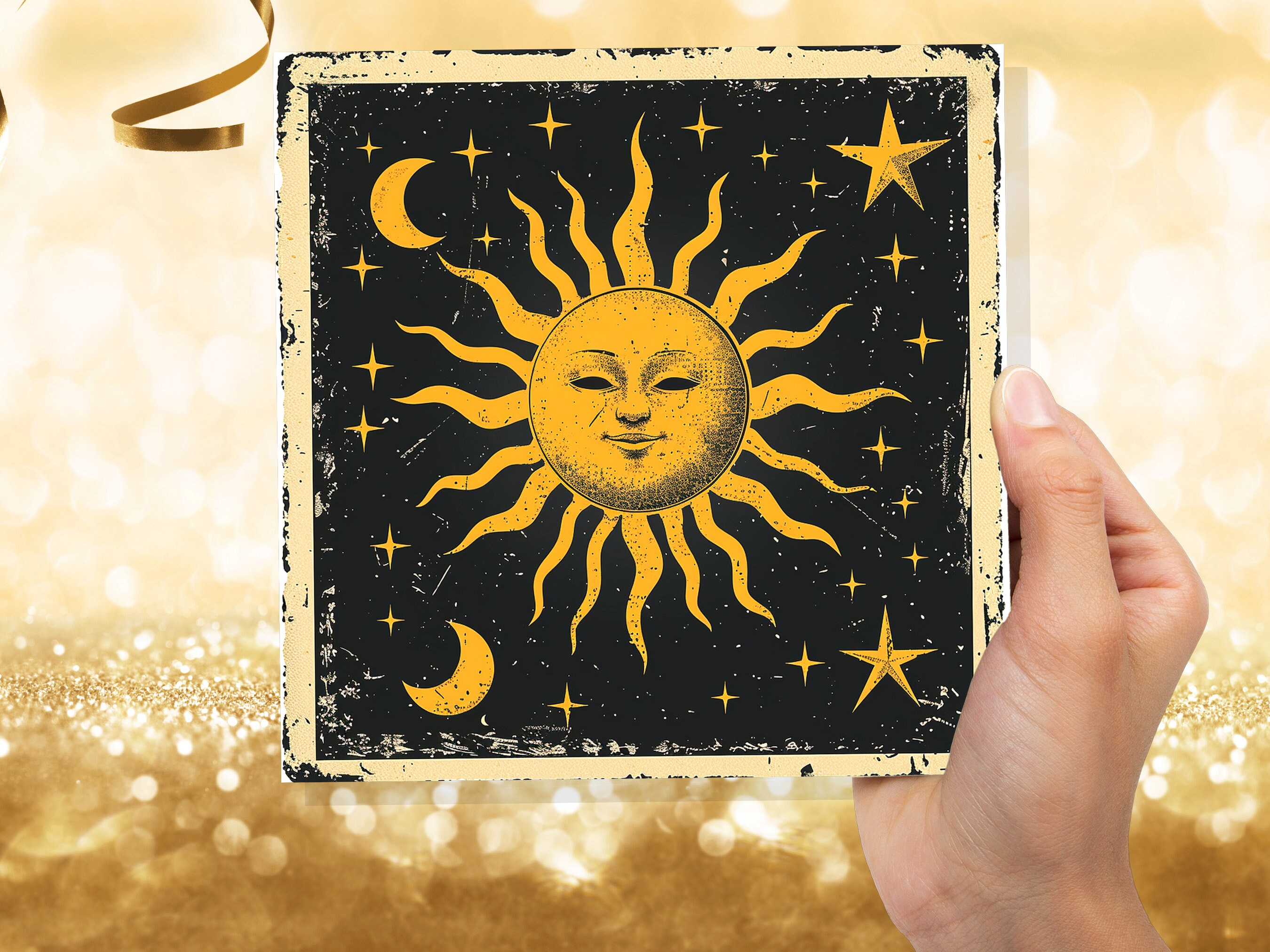 Celestial Sun Moon Card Astrological Lunar Stars Night Sky Vintage Retro Yellow Black Celestial Myth Folklore Spiritual Symbolism Astrology - View 9