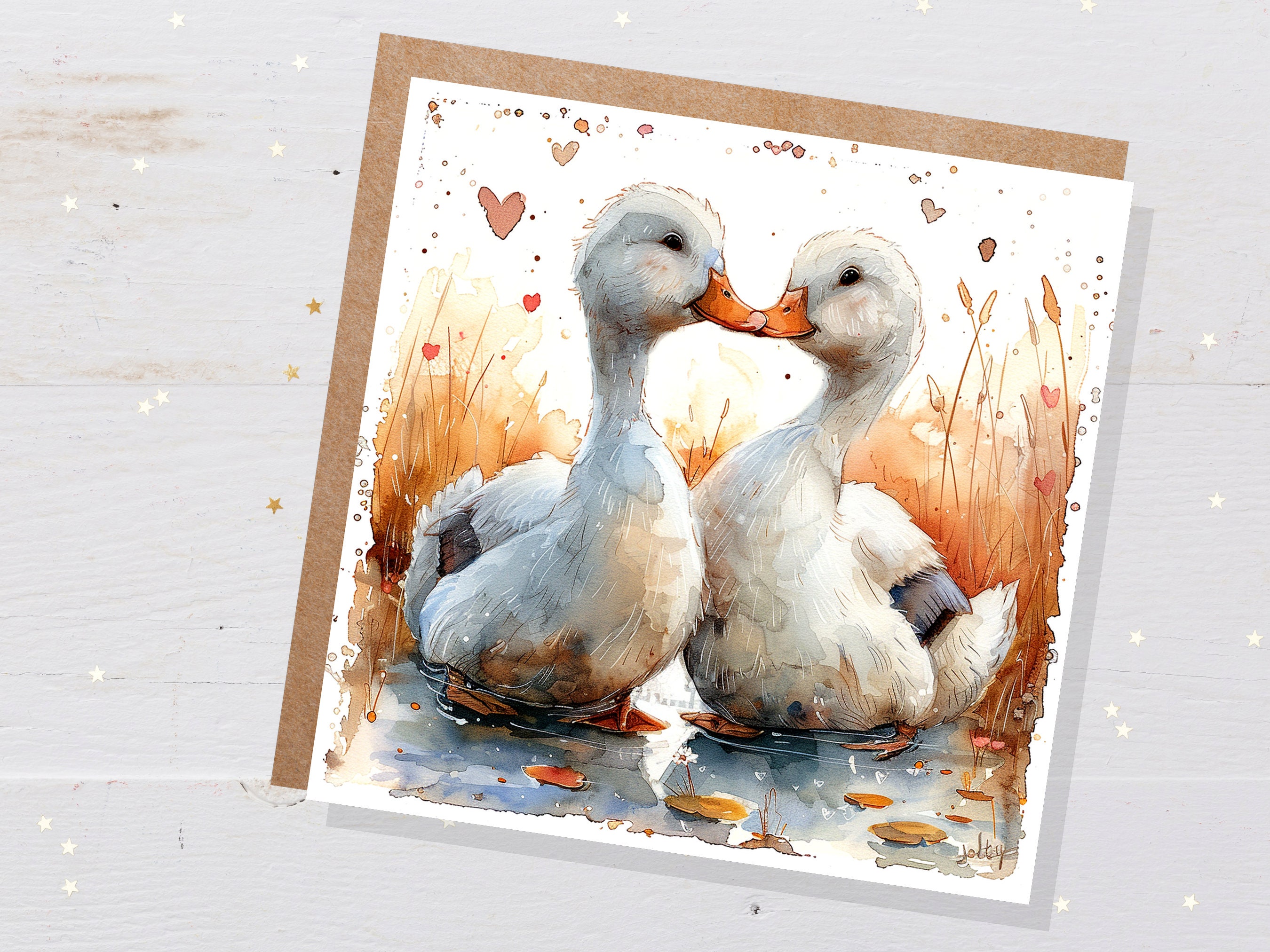 Duck Greeting Card Cute Romantic Ducks in Love Kiss Watercolour Autumn Heart Anniversary Wedding Partner Wife Husband Girlfriend Boyfriend