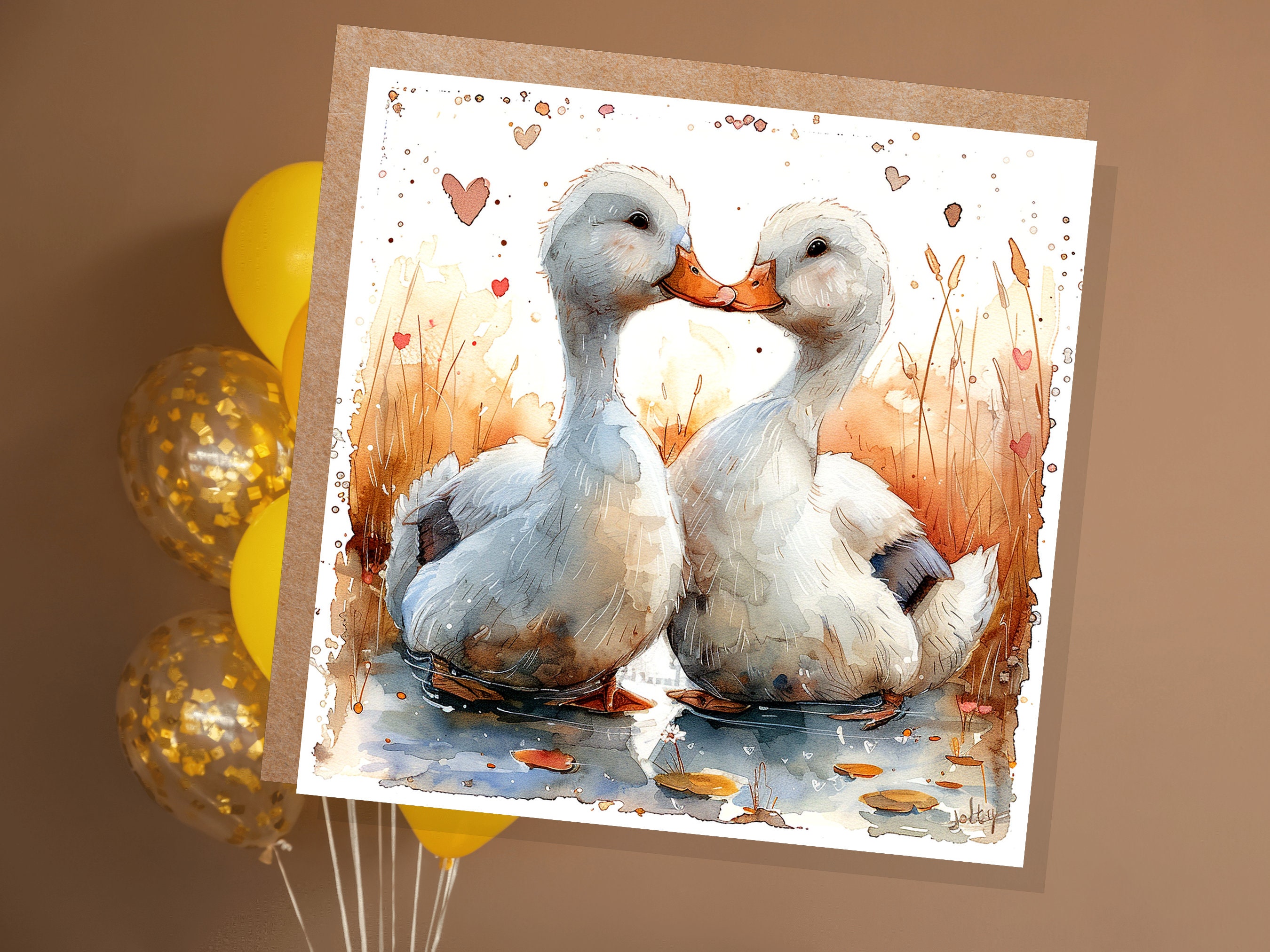 Duck Greeting Card Cute Romantic Ducks in Love Kiss Watercolour Autumn Heart Anniversary Wedding Partner Wife Husband Girlfriend Boyfriend - View 5