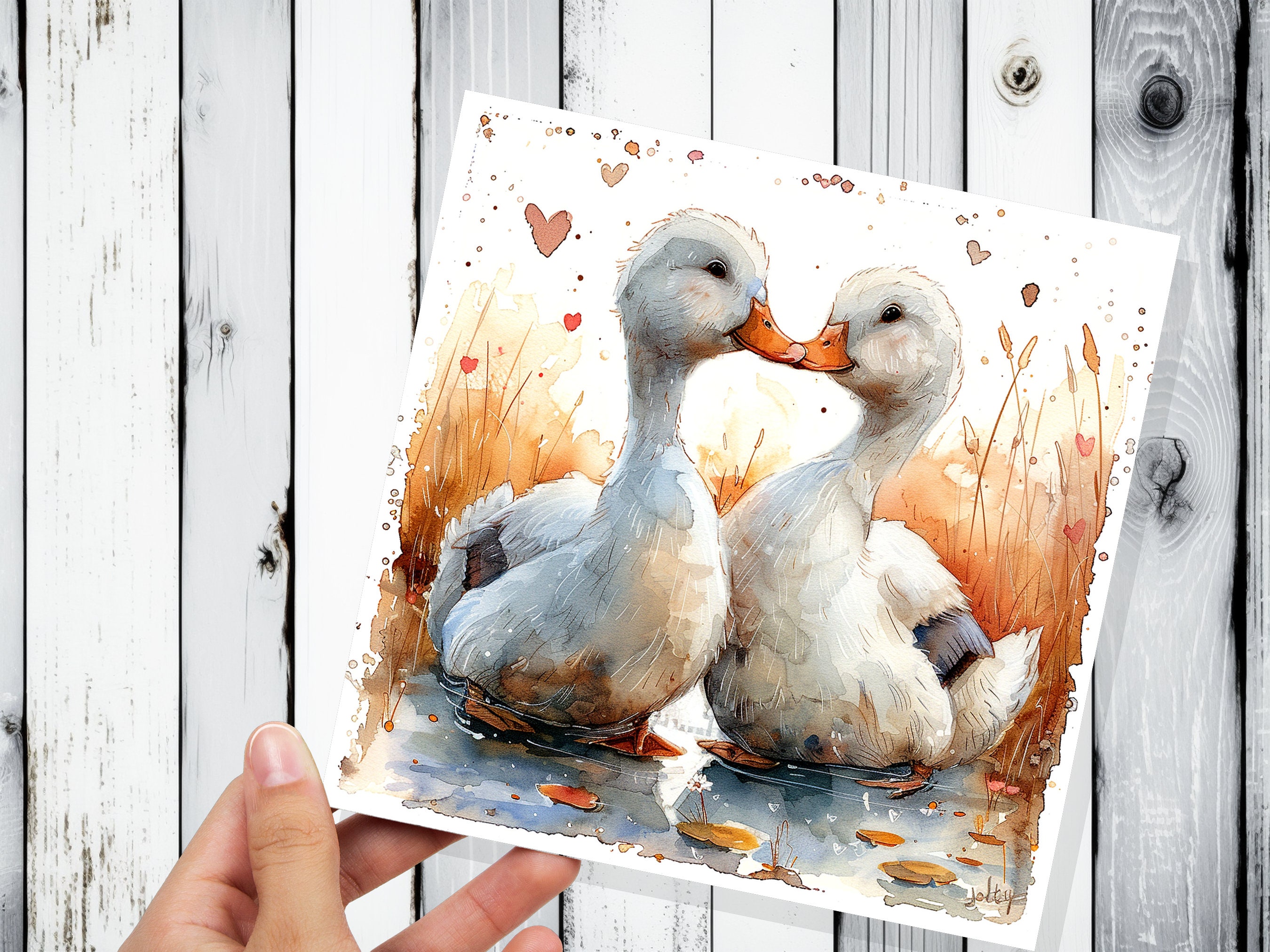 Duck Greeting Card Cute Romantic Ducks in Love Kiss Watercolour Autumn Heart Anniversary Wedding Partner Wife Husband Girlfriend Boyfriend - View 6