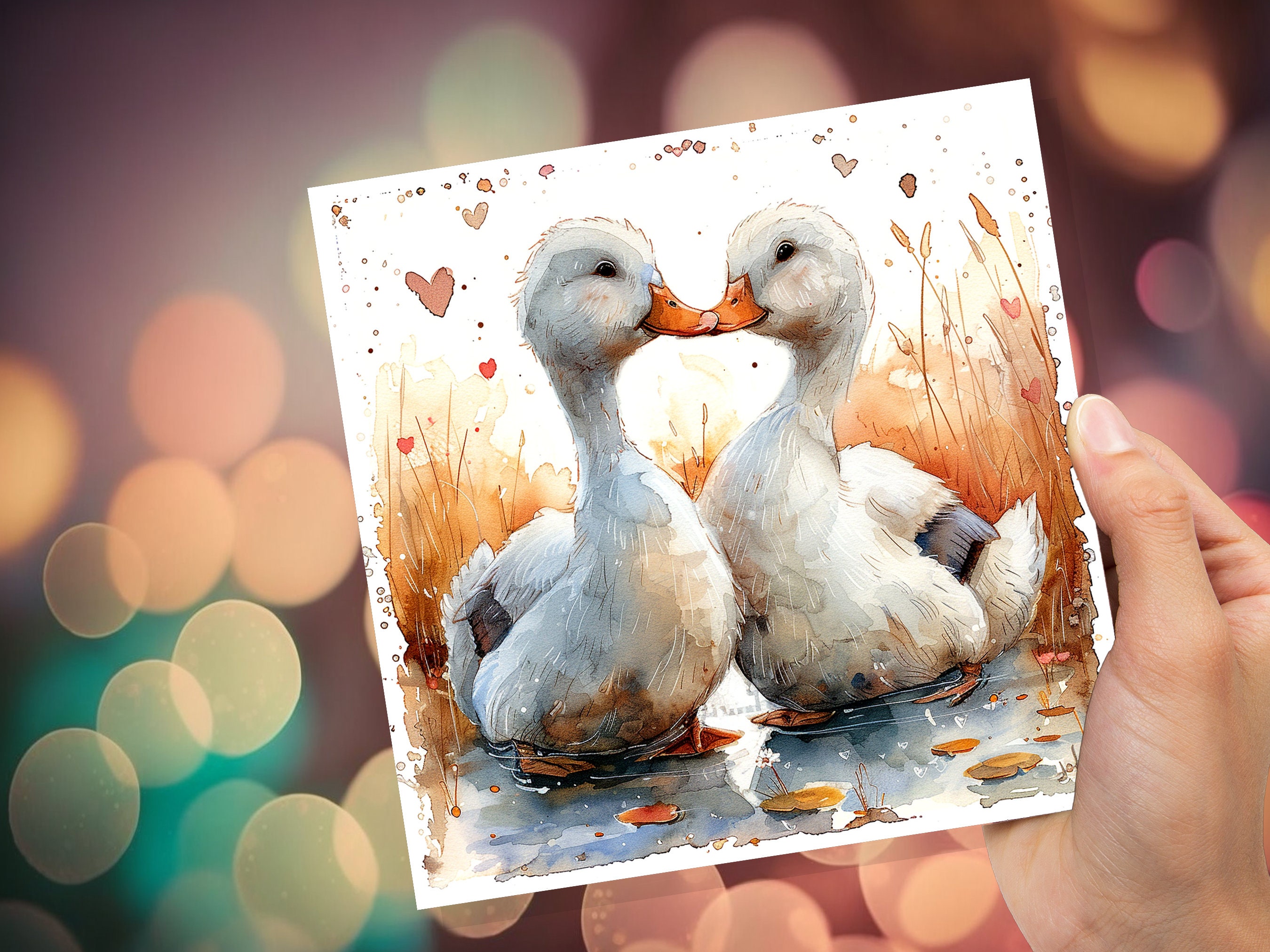 Duck Greeting Card Cute Romantic Ducks in Love Kiss Watercolour Autumn Heart Anniversary Wedding Partner Wife Husband Girlfriend Boyfriend - View 8