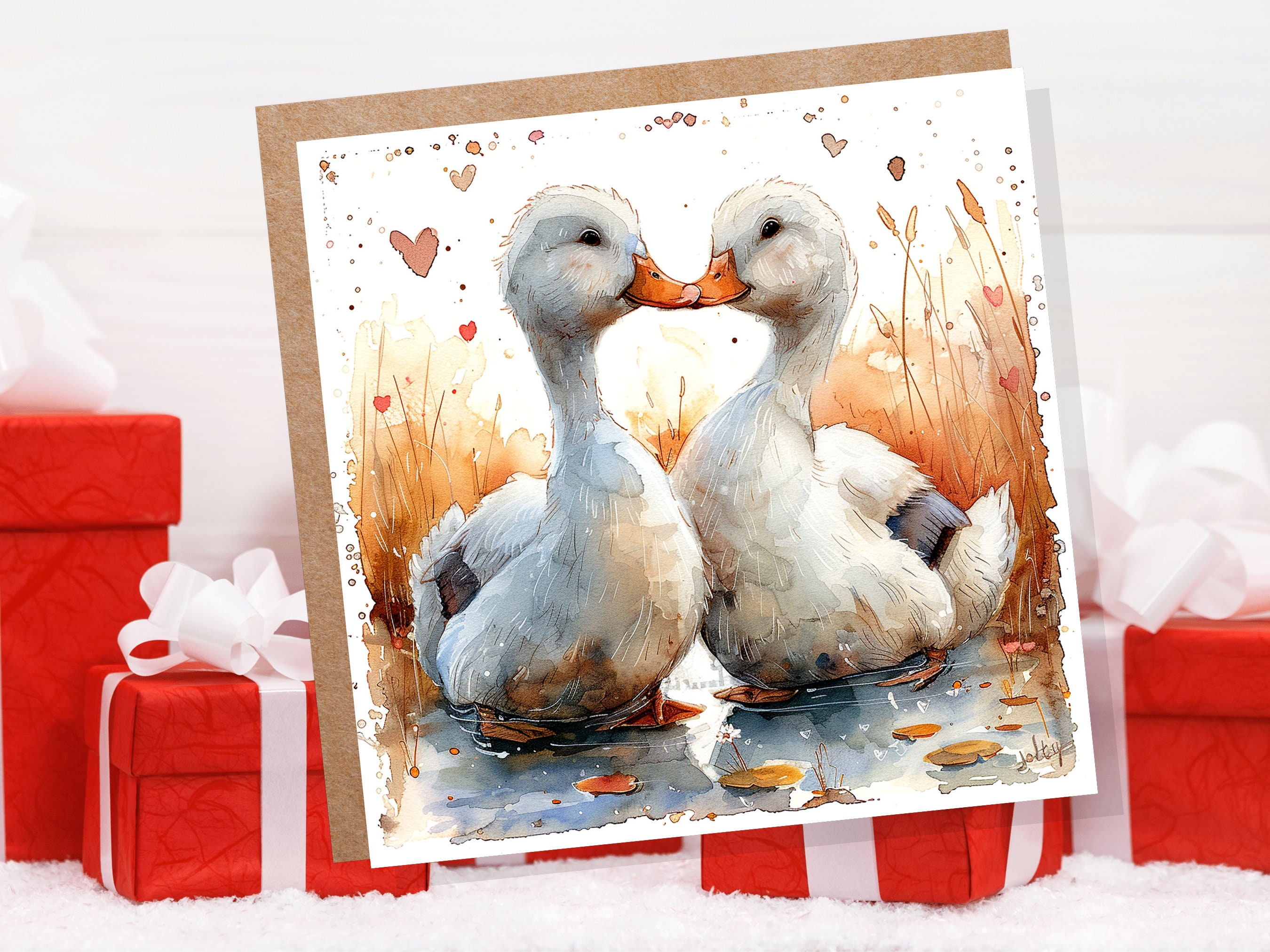 Duck Greeting Card Cute Romantic Ducks in Love Kiss Watercolour Autumn Heart Anniversary Wedding Partner Wife Husband Girlfriend Boyfriend - View 4