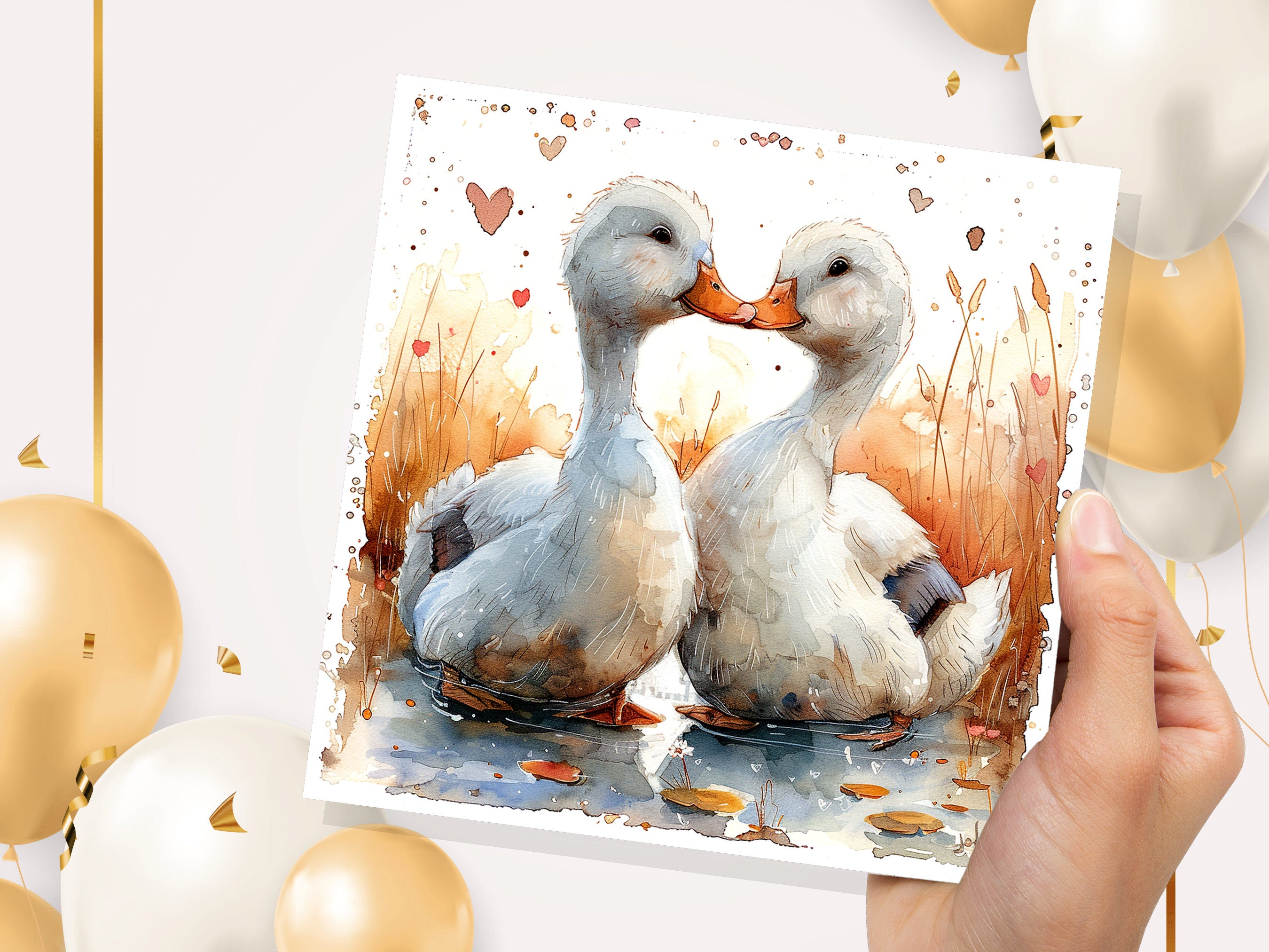 Duck Greeting Card Cute Romantic Ducks in Love Kiss Watercolour Autumn Heart Anniversary Wedding Partner Wife Husband Girlfriend Boyfriend - View 7