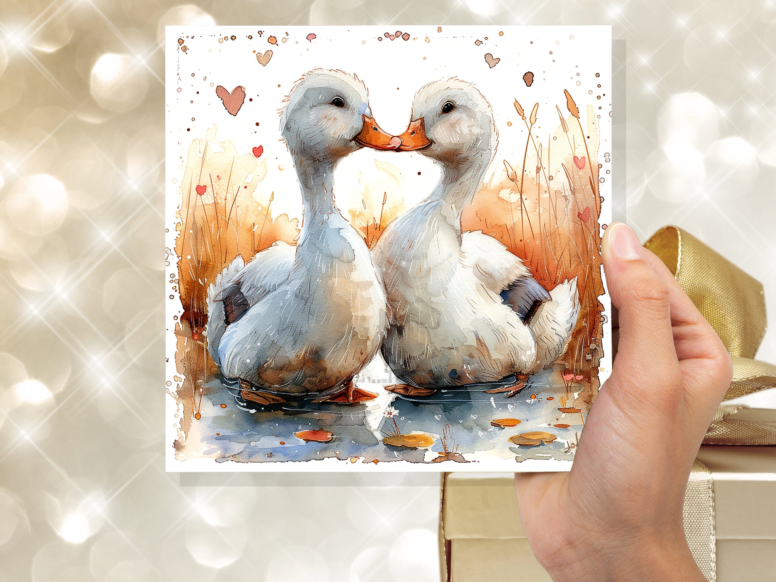 Duck Greeting Card Cute Romantic Ducks in Love Kiss Watercolour Autumn Heart Anniversary Wedding Partner Wife Husband Girlfriend Boyfriend - View 9