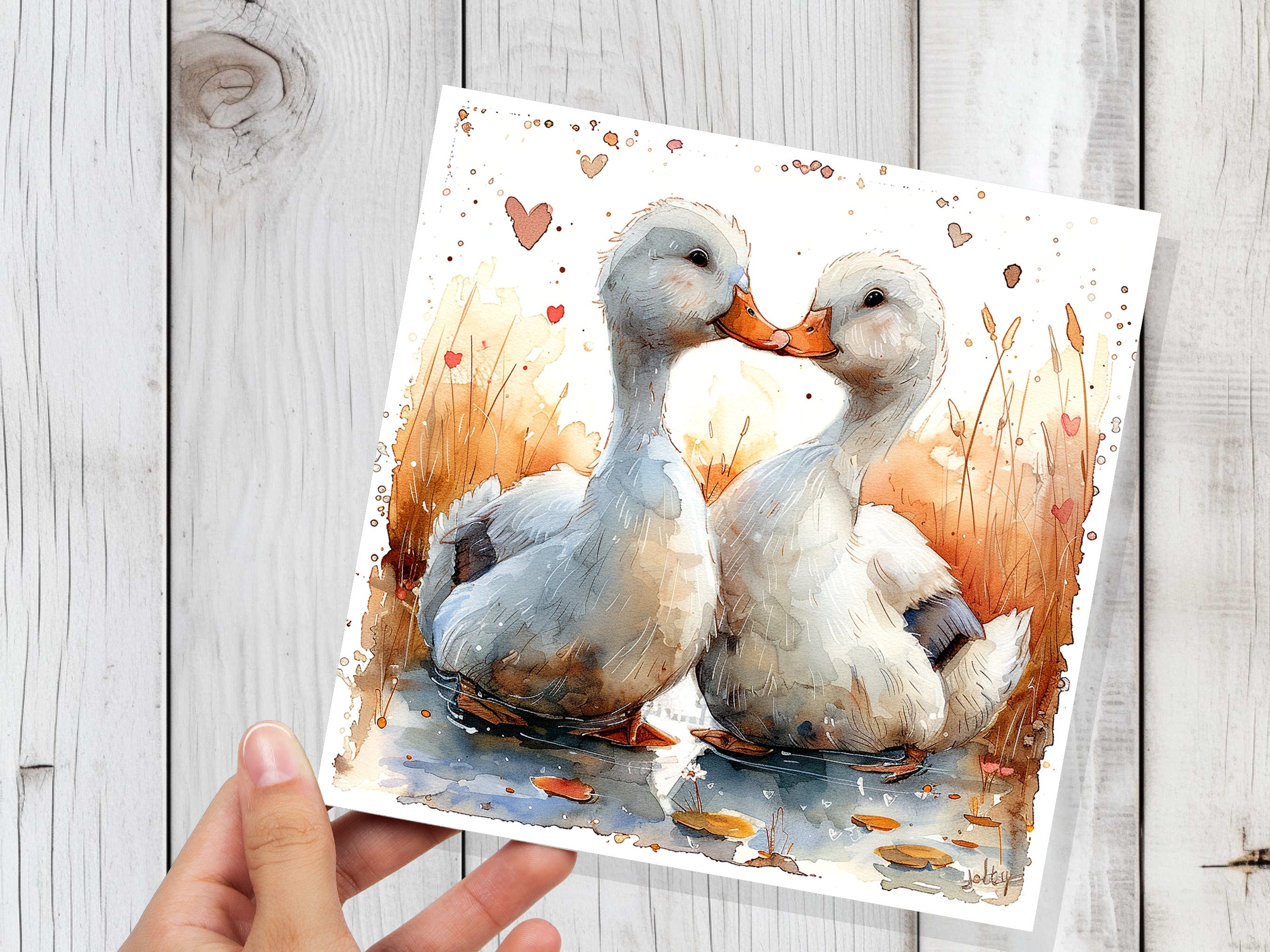 Duck Greeting Card Cute Romantic Ducks in Love Kiss Watercolour Autumn Heart Anniversary Wedding Partner Wife Husband Girlfriend Boyfriend - View 2