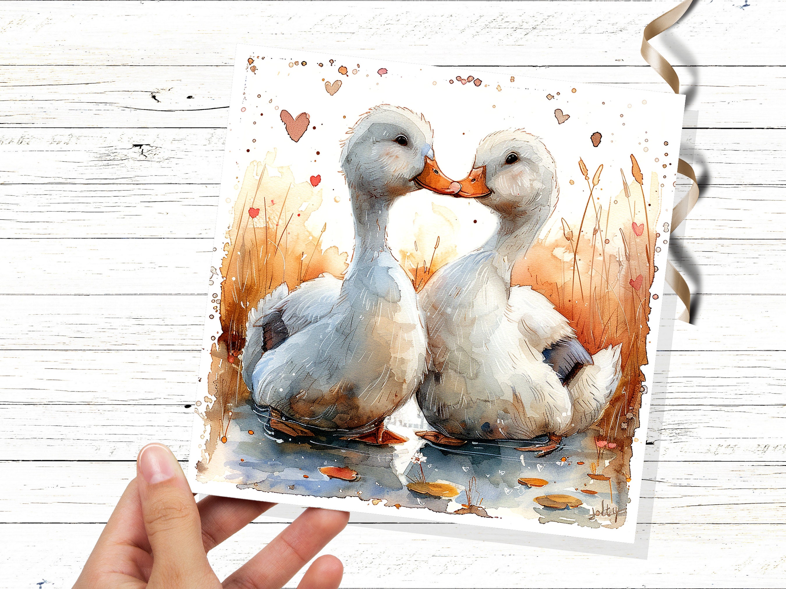 Duck Greeting Card Cute Romantic Ducks in Love Kiss Watercolour Autumn Heart Anniversary Wedding Partner Wife Husband Girlfriend Boyfriend - View 3