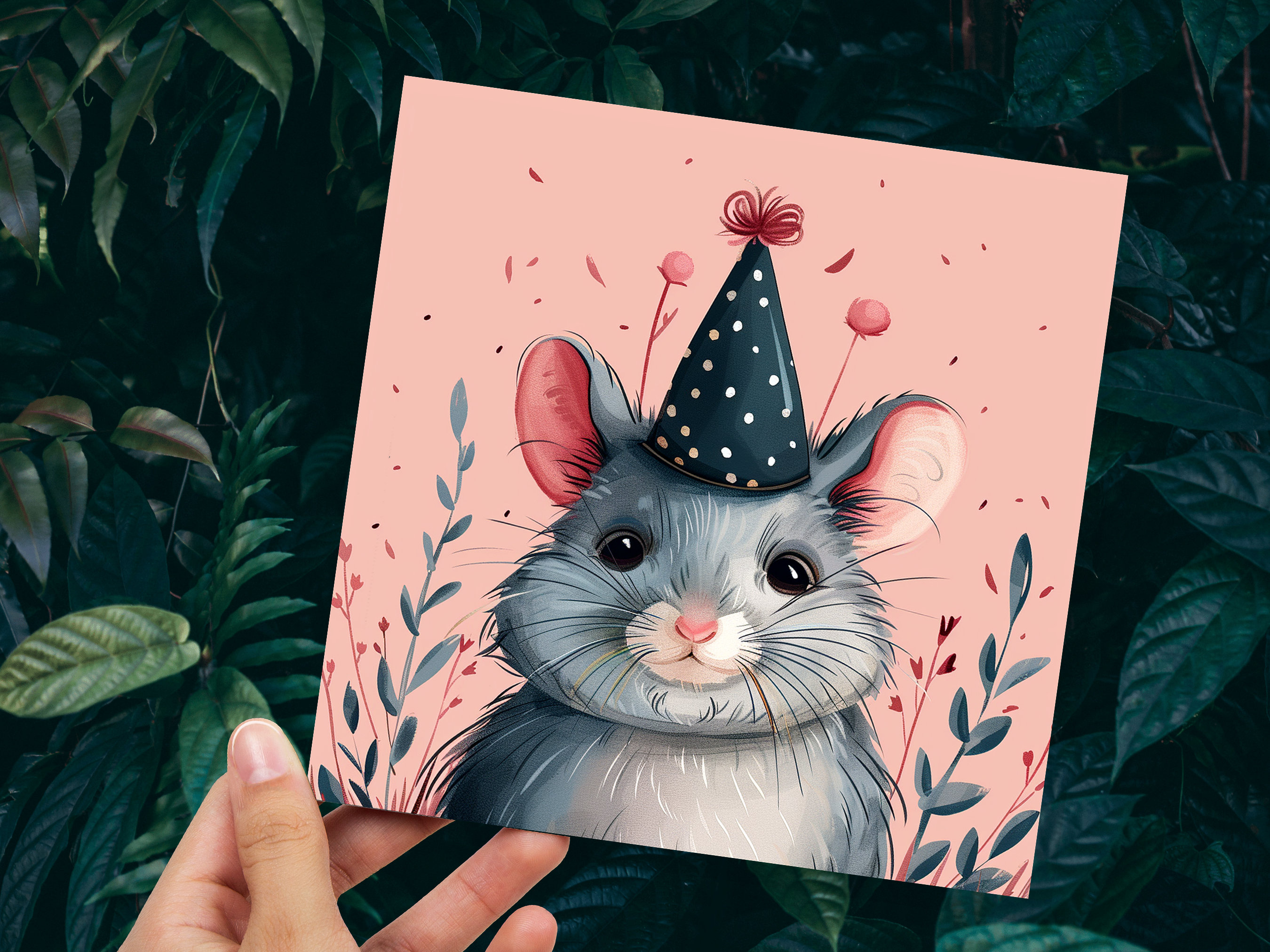 Cute Chinchilla Birthday Card Festive Celebration Party Hat Polka Dots Grey Pink Flowers Leaves Illustration Whimsical Pet Sitting Thank You