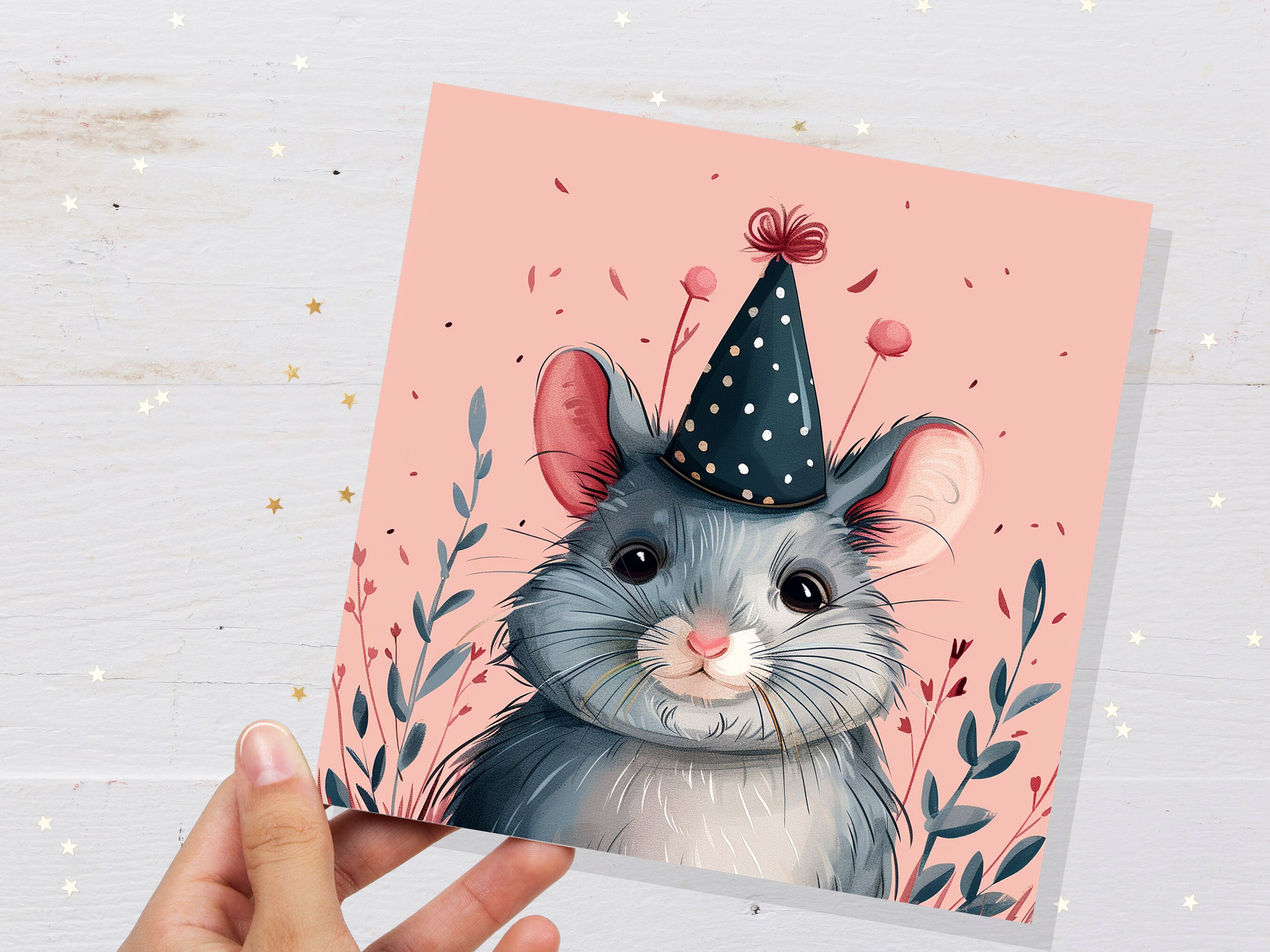 Cute Chinchilla Birthday Card Festive Celebration Party Hat Polka Dots Grey Pink Flowers Leaves Illustration Whimsical Pet Sitting Thank You - View 2