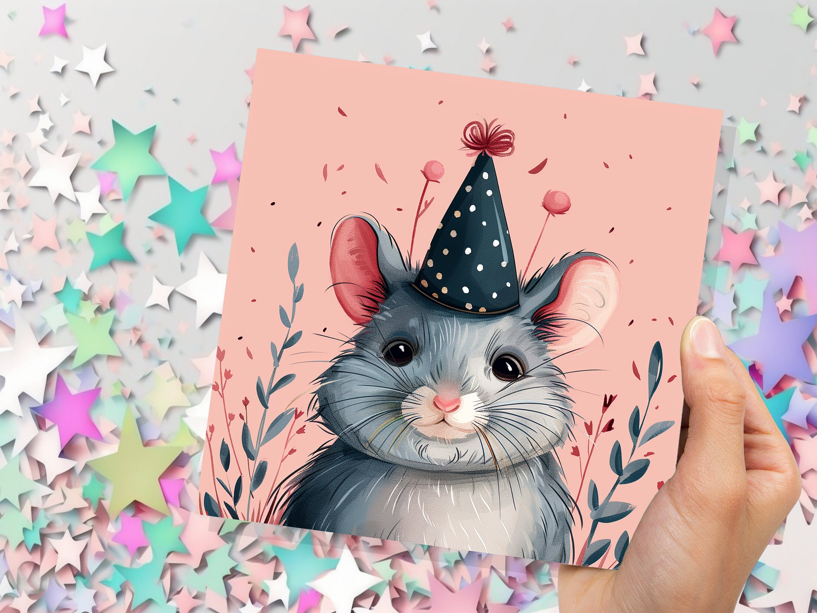 Cute Chinchilla Birthday Card Festive Celebration Party Hat Polka Dots Grey Pink Flowers Leaves Illustration Whimsical Pet Sitting Thank You - View 3