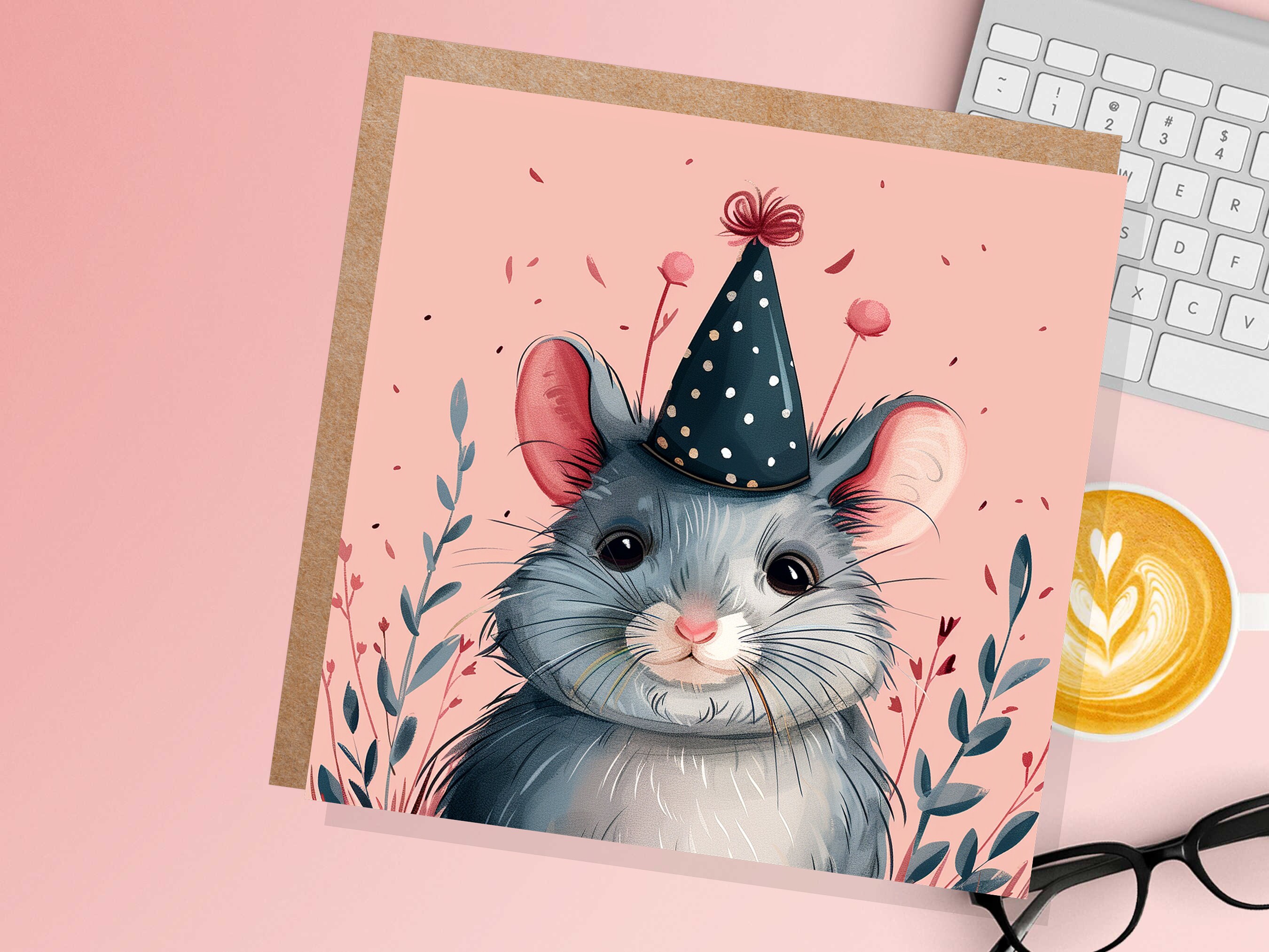 Cute Chinchilla Birthday Card Festive Celebration Party Hat Polka Dots Grey Pink Flowers Leaves Illustration Whimsical Pet Sitting Thank You - View 4