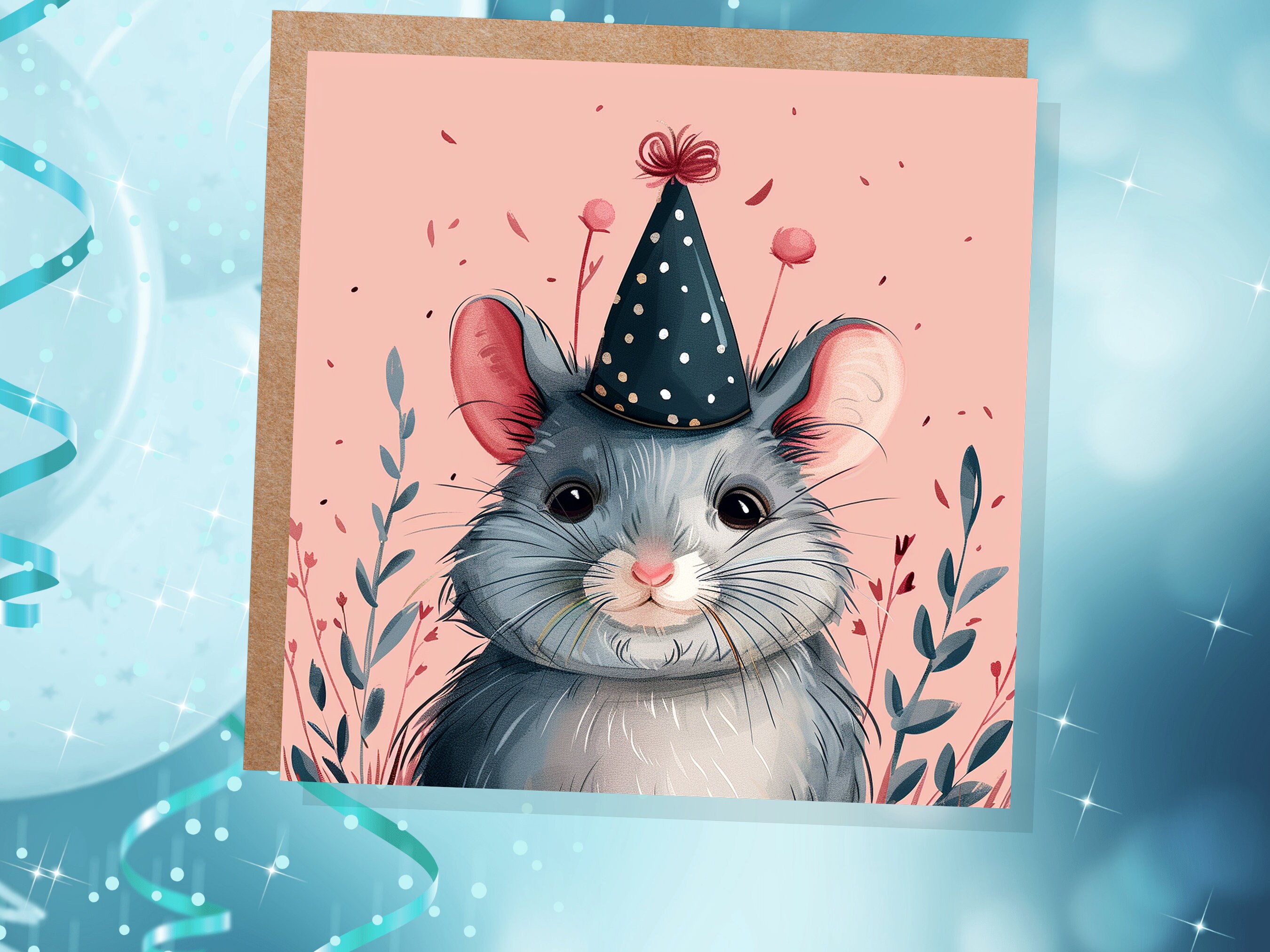 Cute Chinchilla Birthday Card Festive Celebration Party Hat Polka Dots Grey Pink Flowers Leaves Illustration Whimsical Pet Sitting Thank You - View 5