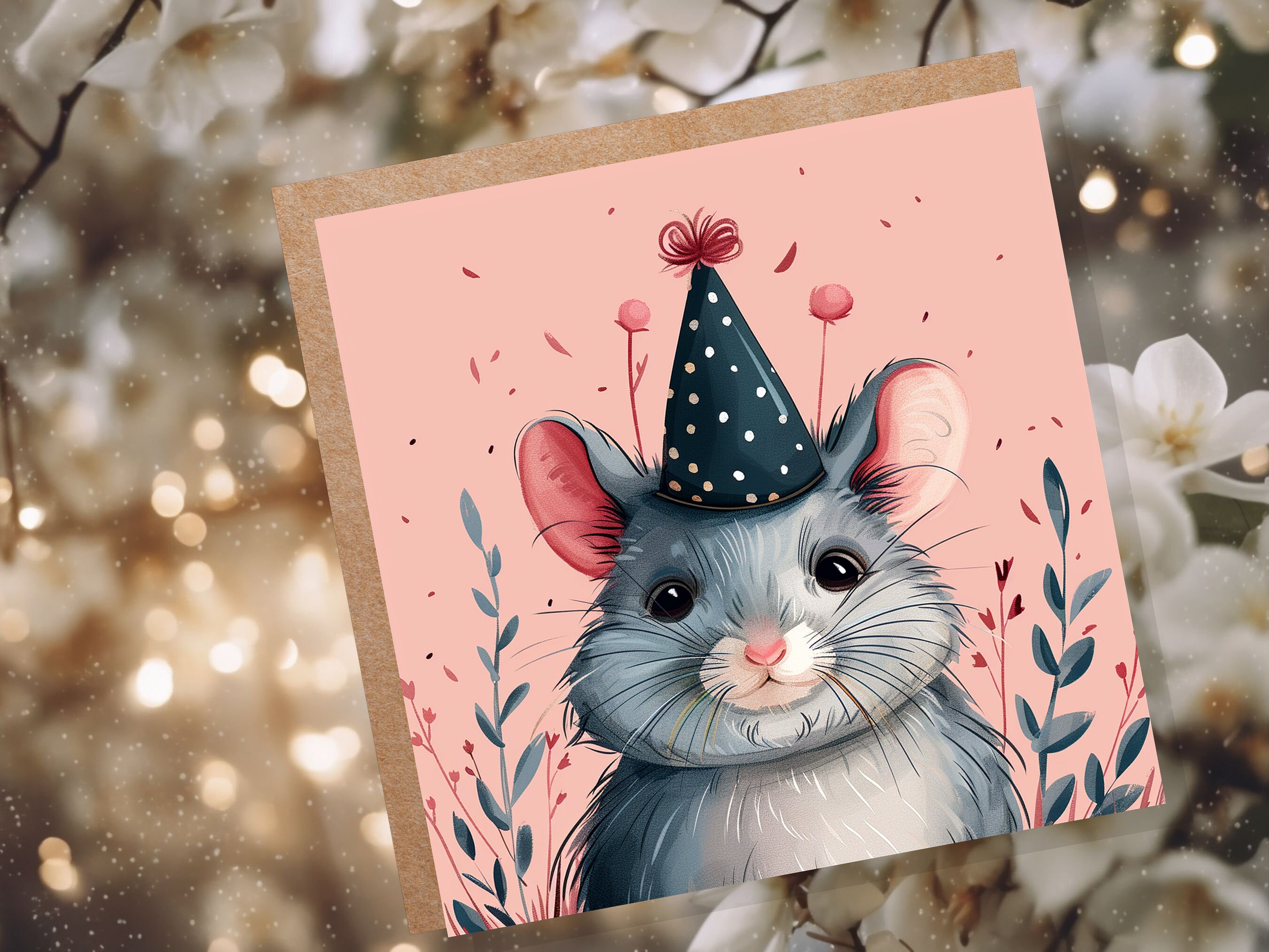 Cute Chinchilla Birthday Card Festive Celebration Party Hat Polka Dots Grey Pink Flowers Leaves Illustration Whimsical Pet Sitting Thank You - View 6