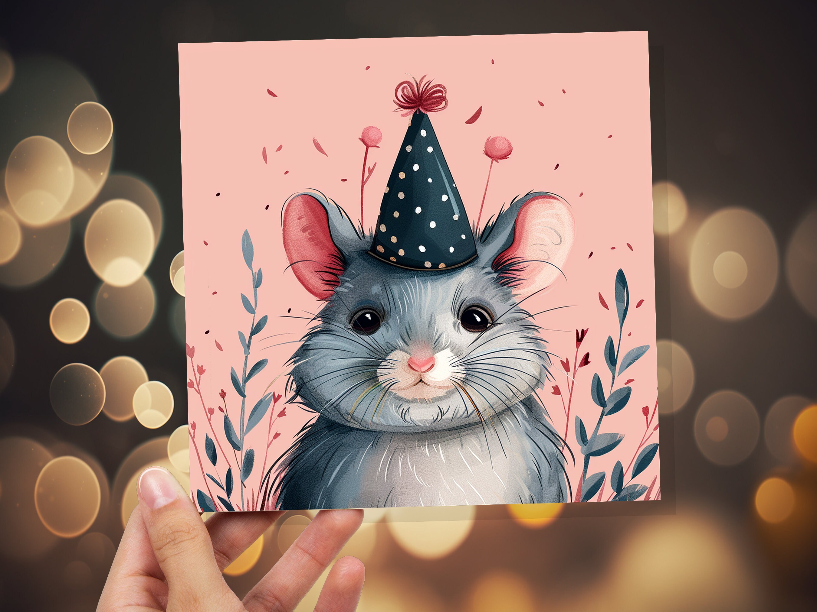 Cute Chinchilla Birthday Card Festive Celebration Party Hat Polka Dots Grey Pink Flowers Leaves Illustration Whimsical Pet Sitting Thank You - View 7