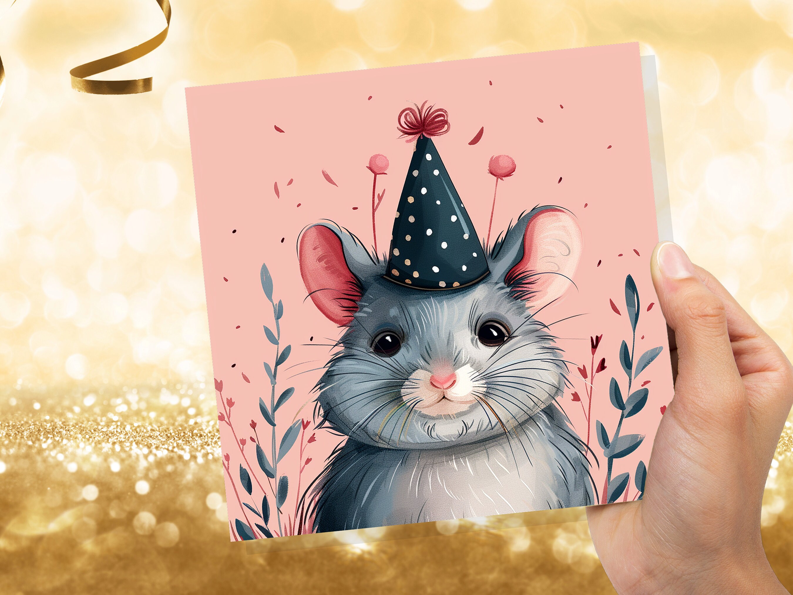 Cute Chinchilla Birthday Card Festive Celebration Party Hat Polka Dots Grey Pink Flowers Leaves Illustration Whimsical Pet Sitting Thank You - View 8