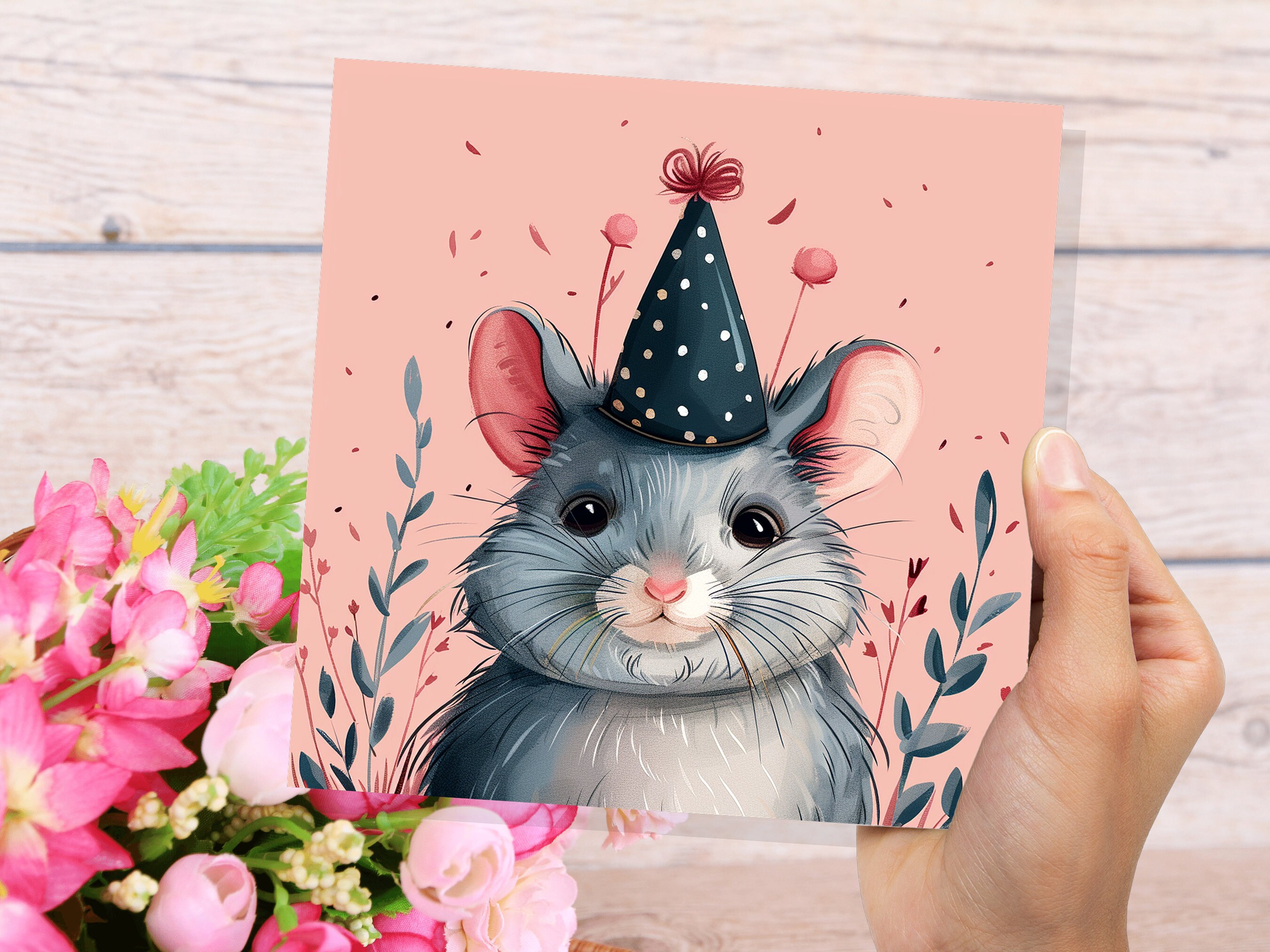 Cute Chinchilla Birthday Card Festive Celebration Party Hat Polka Dots Grey Pink Flowers Leaves Illustration Whimsical Pet Sitting Thank You - View 9