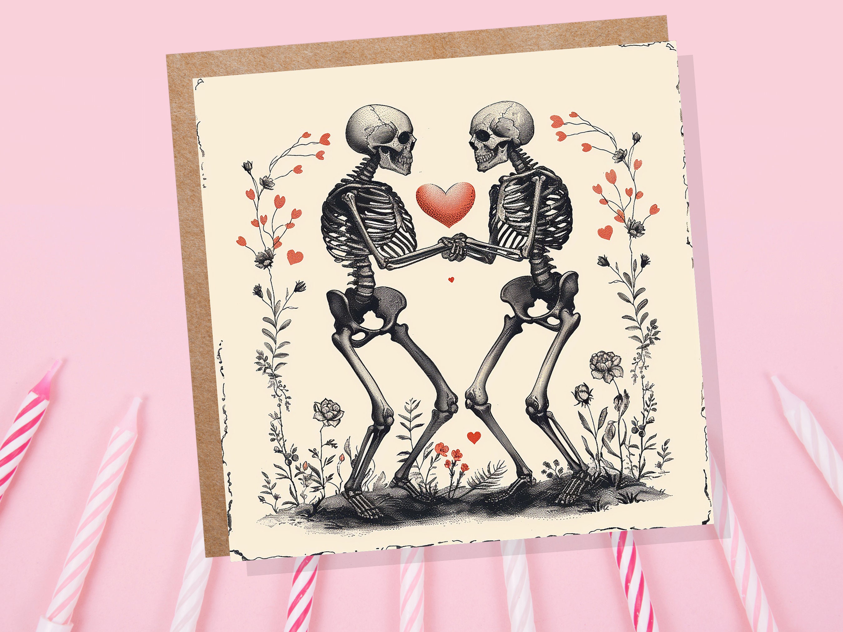 Til Death Do Us Part Card Skeleton Eternal I Love you Forever Romance Heart Gothic Valentine Wedding Anniversary Lovers Engagement Goth Art - View 3