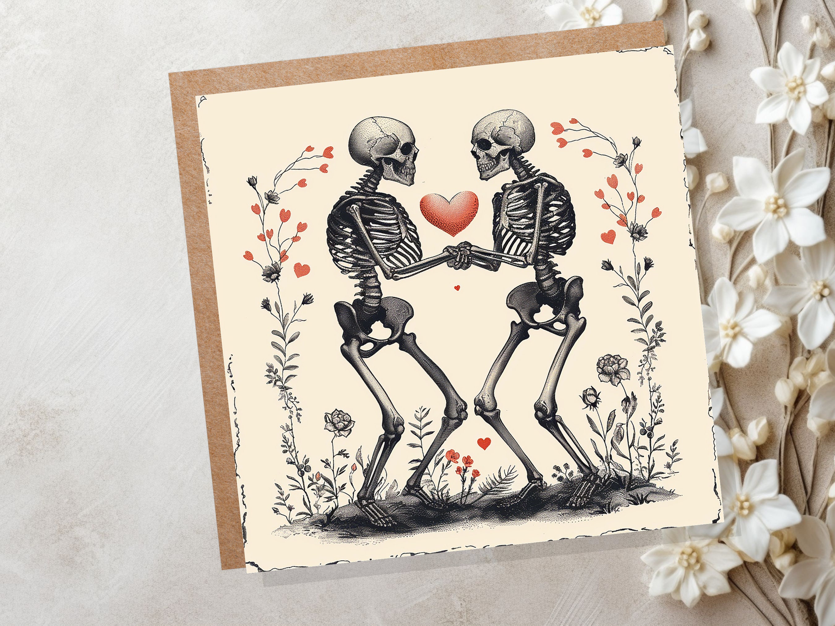 Til Death Do Us Part Card Skeleton Eternal I Love you Forever Romance Heart Gothic Valentine Wedding Anniversary Lovers Engagement Goth Art - View 2