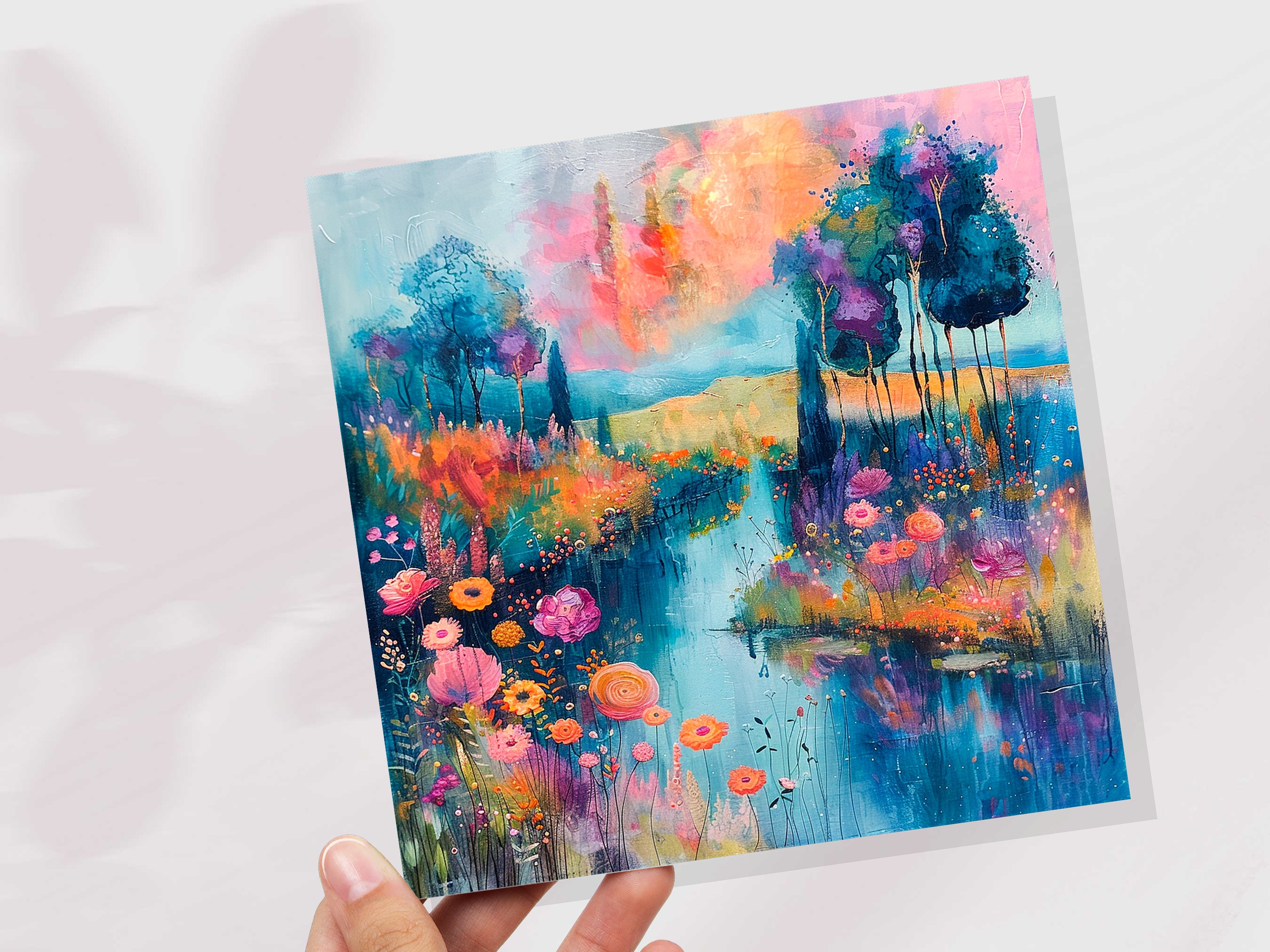 Dreamy River Bank Scene Card Vibrant Colourful Impressionist Flowers Trees Nature Lovers Sunset Colours Fantasy Abstract Art Summer Painting