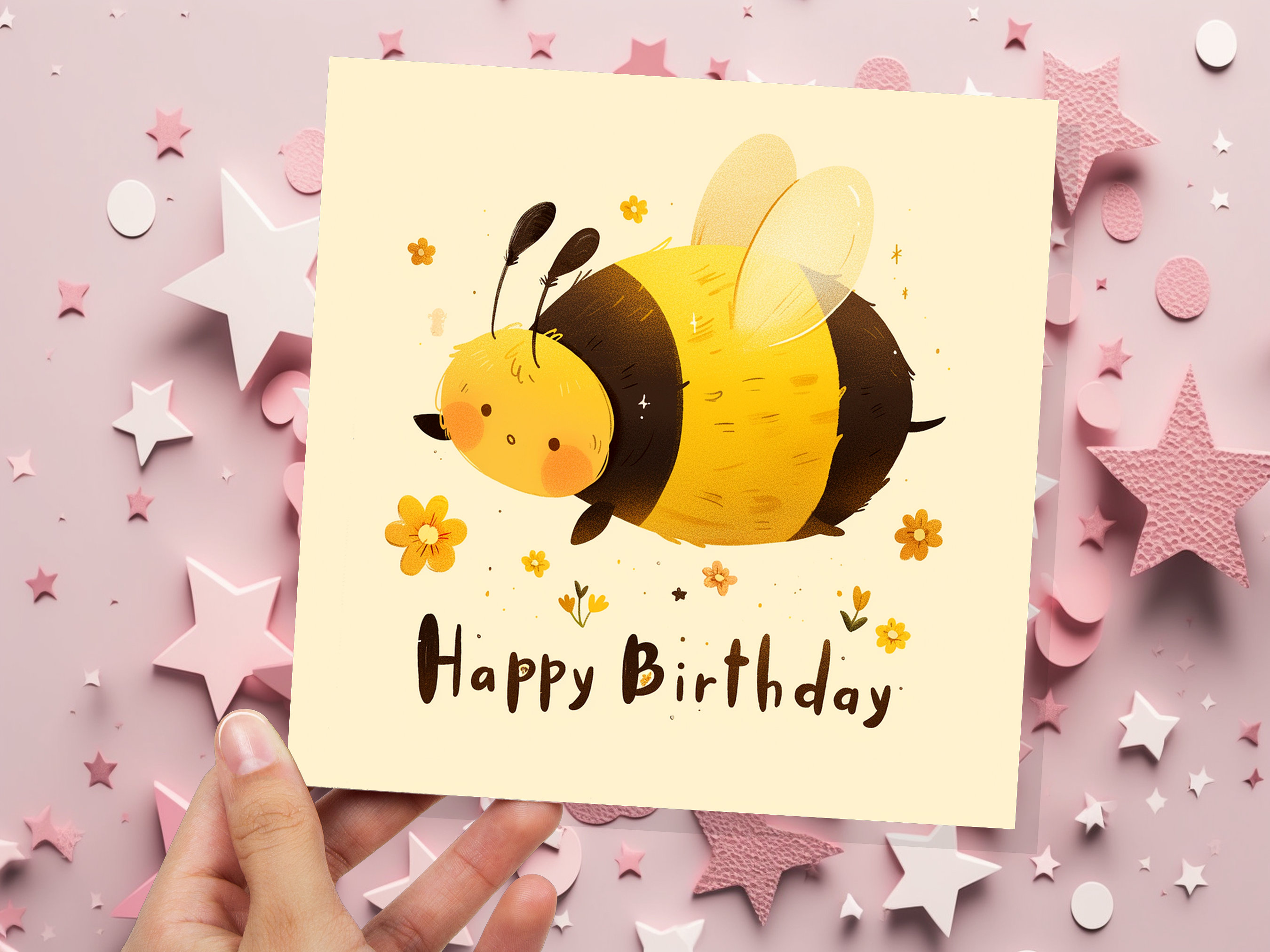 Cute Bee Happy Birthday Card Cartoon BumbleBee Flowers Cute Honey Tones Design for Summer Kids Bee Lovers Climate Nature Wildlife Insects