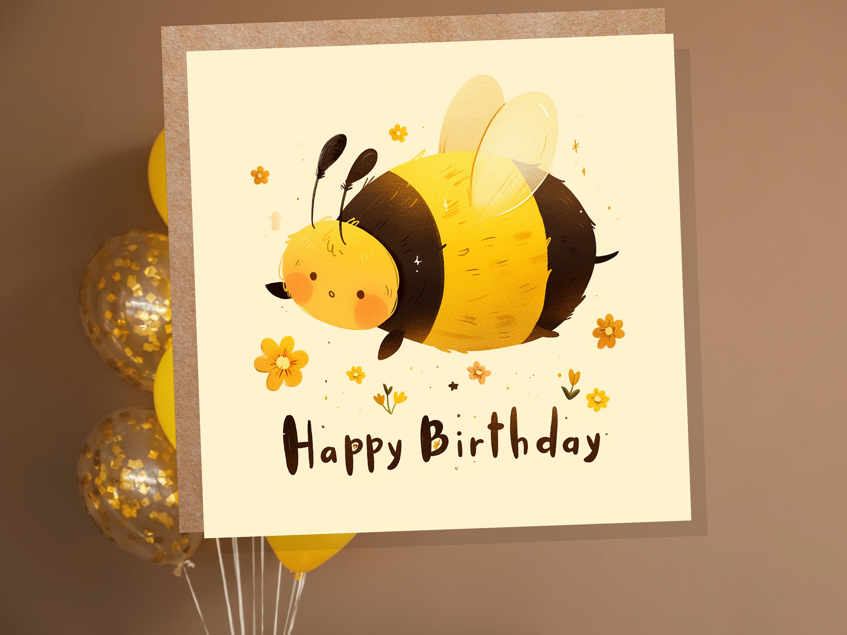 Cute Bee Happy Birthday Card Cartoon BumbleBee Flowers Cute Honey Tones Design for Summer Kids Bee Lovers Climate Nature Wildlife Insects - View 2