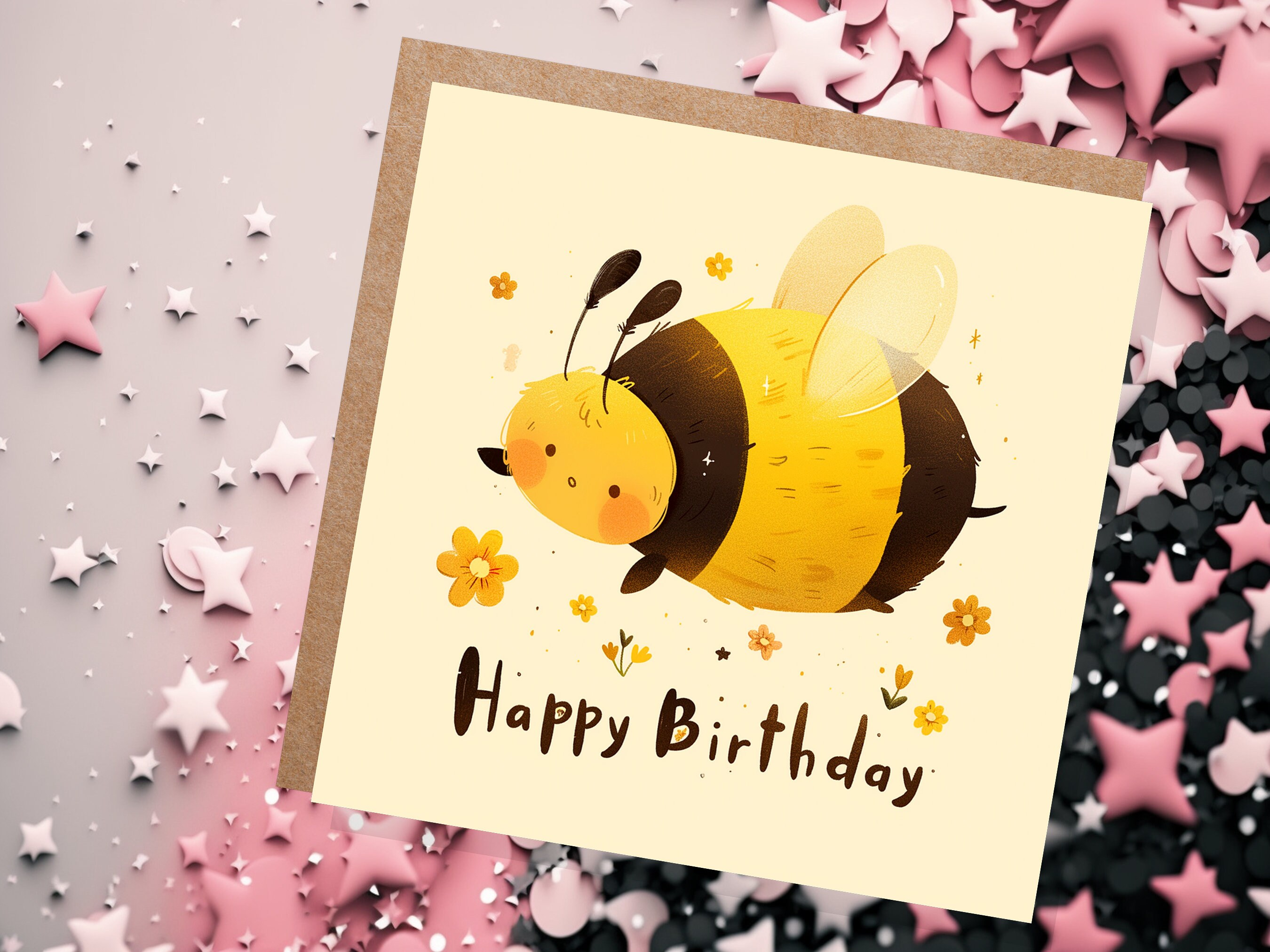 Cute Bee Happy Birthday Card Cartoon BumbleBee Flowers Cute Honey Tones Design for Summer Kids Bee Lovers Climate Nature Wildlife Insects - View 3