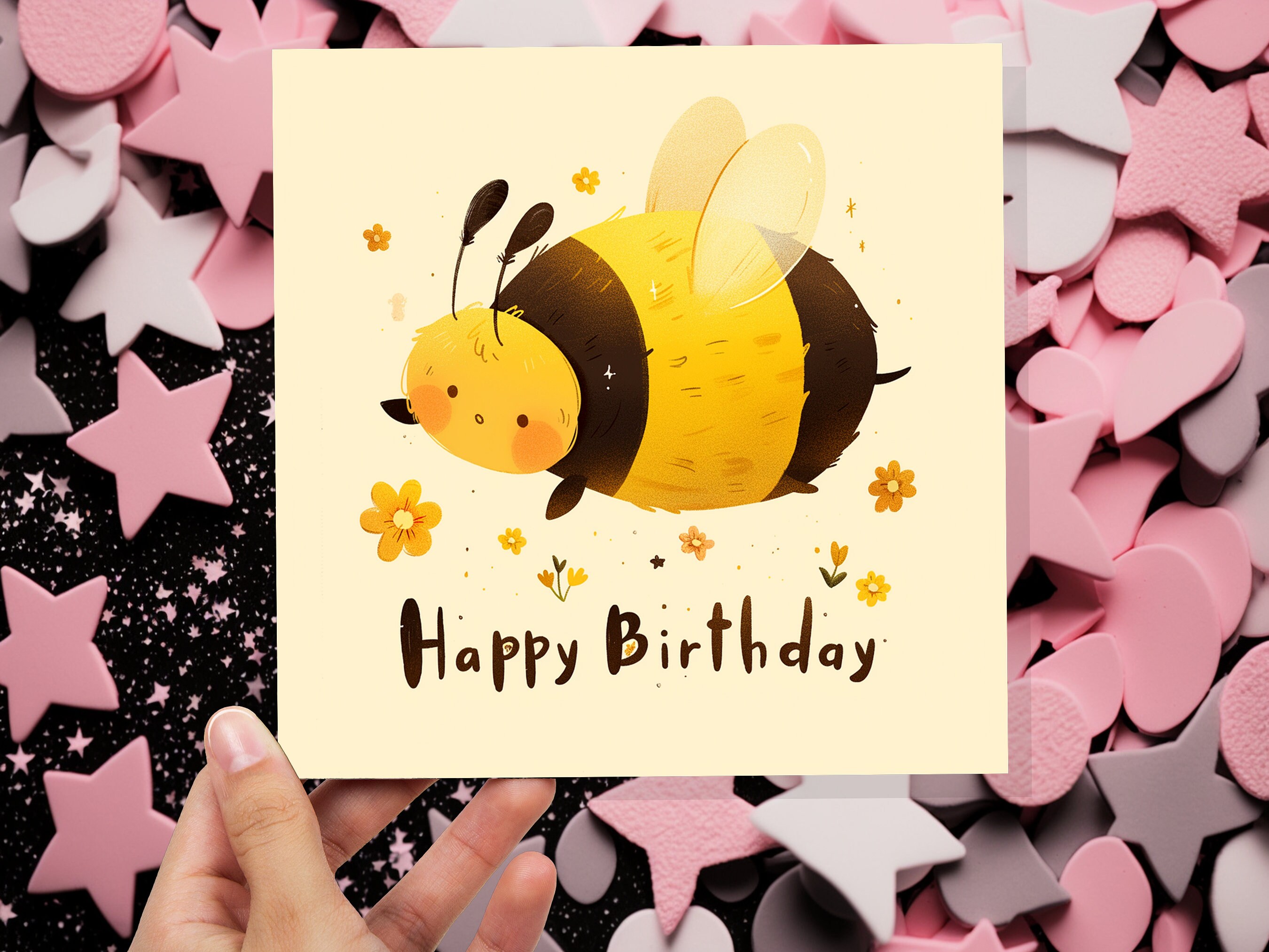 Cute Bee Happy Birthday Card Cartoon BumbleBee Flowers Cute Honey Tones Design for Summer Kids Bee Lovers Climate Nature Wildlife Insects - View 5