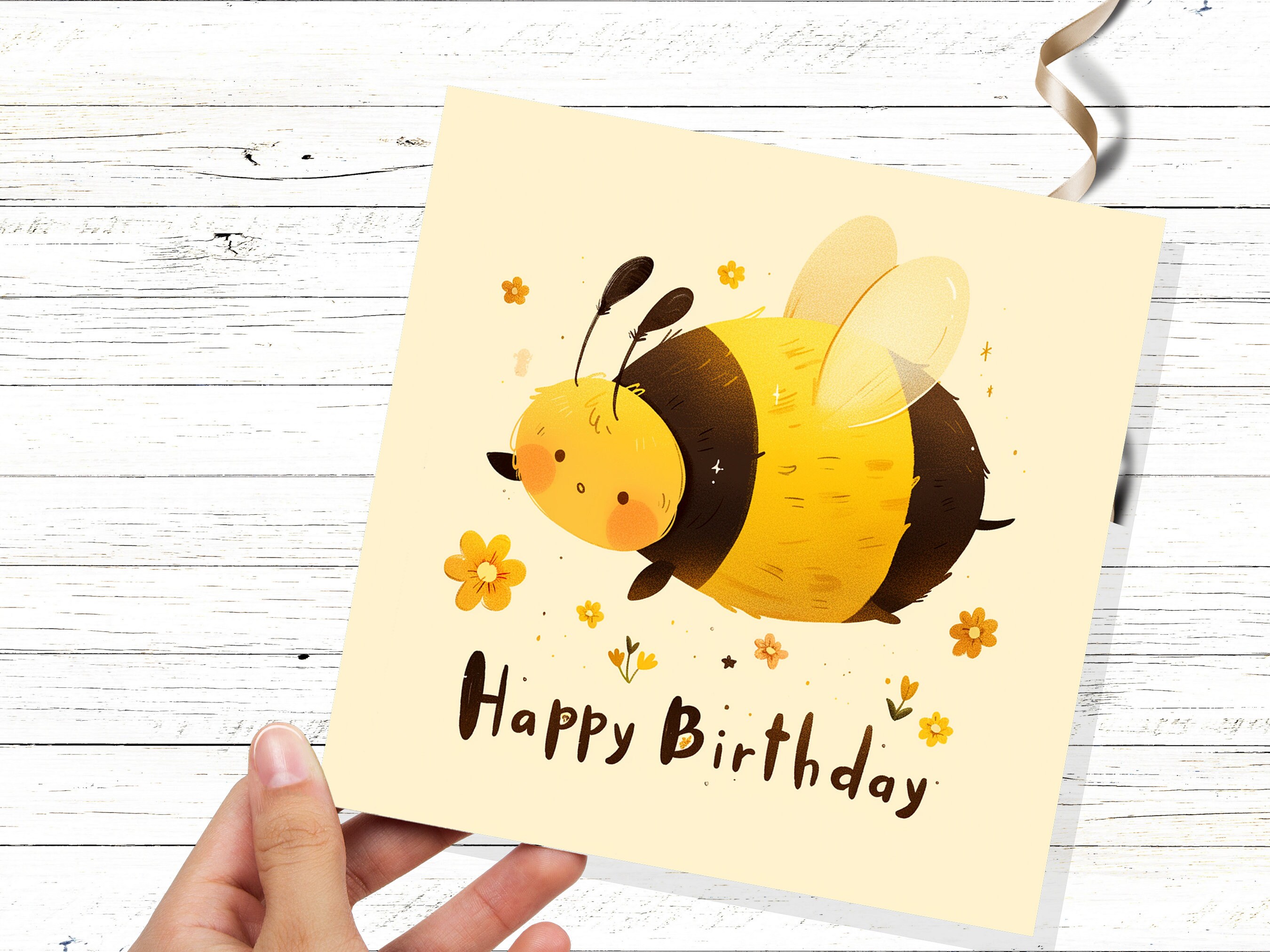 Cute Bee Happy Birthday Card Cartoon BumbleBee Flowers Cute Honey Tones Design for Summer Kids Bee Lovers Climate Nature Wildlife Insects - View 6