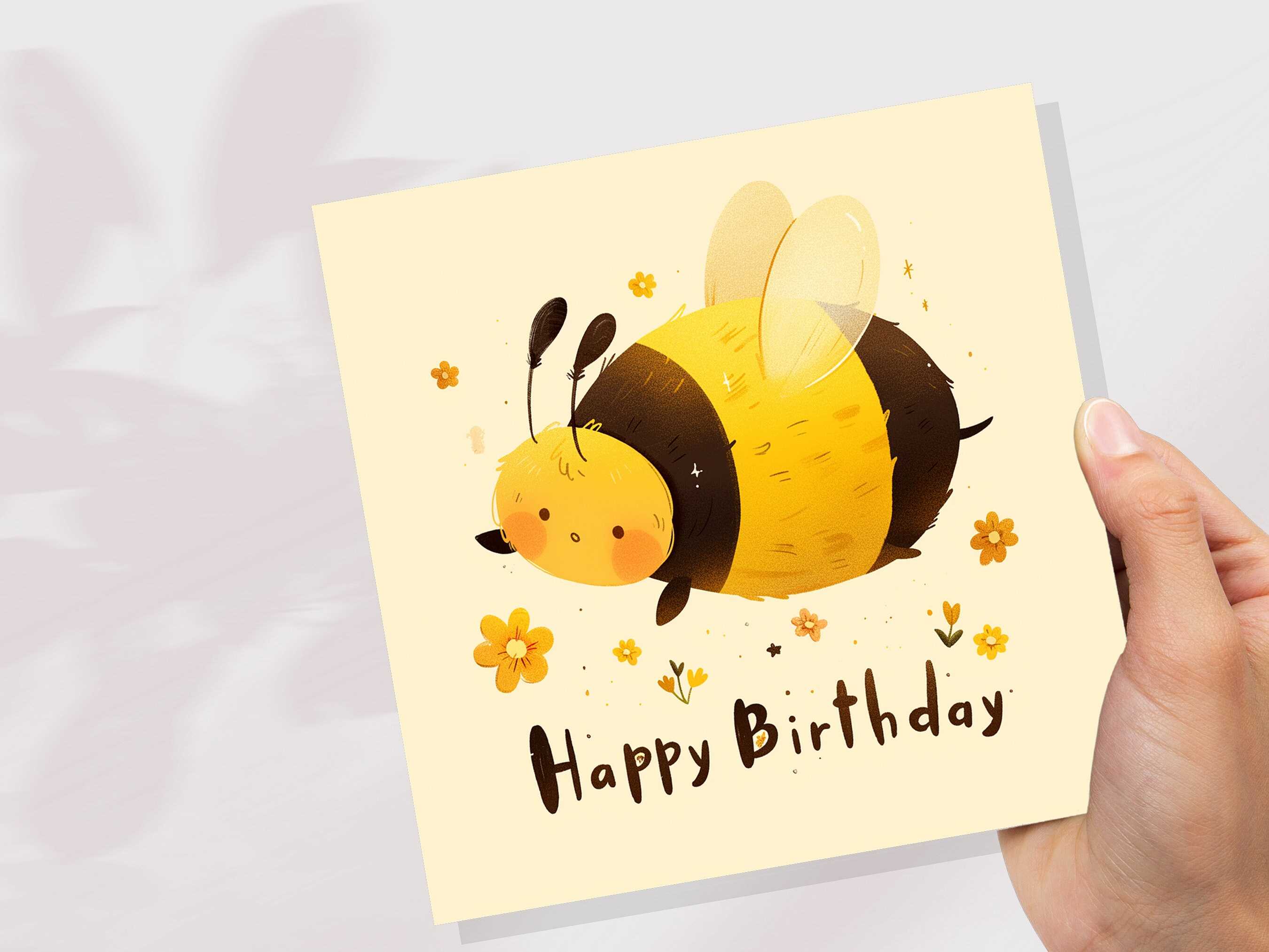 Cute Bee Happy Birthday Card Cartoon BumbleBee Flowers Cute Honey Tones Design for Summer Kids Bee Lovers Climate Nature Wildlife Insects - View 7