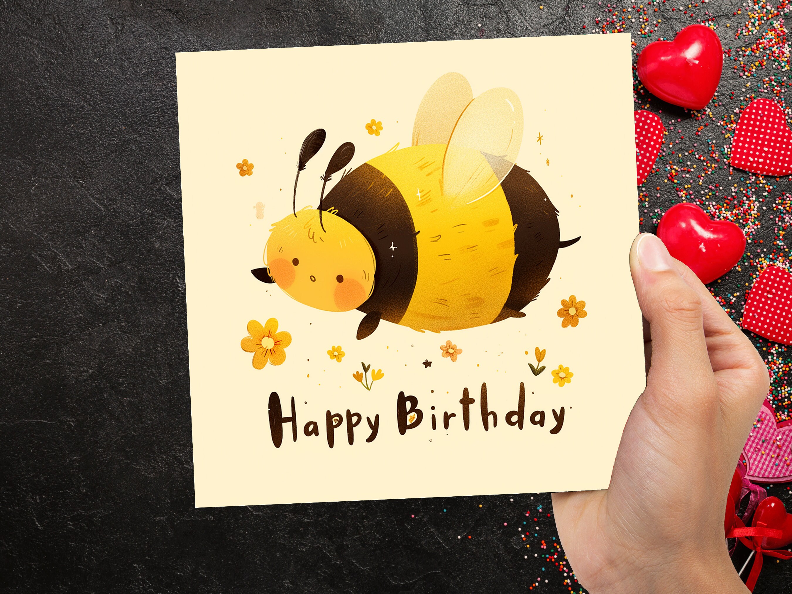 Cute Bee Happy Birthday Card Cartoon BumbleBee Flowers Cute Honey Tones Design for Summer Kids Bee Lovers Climate Nature Wildlife Insects - View 8