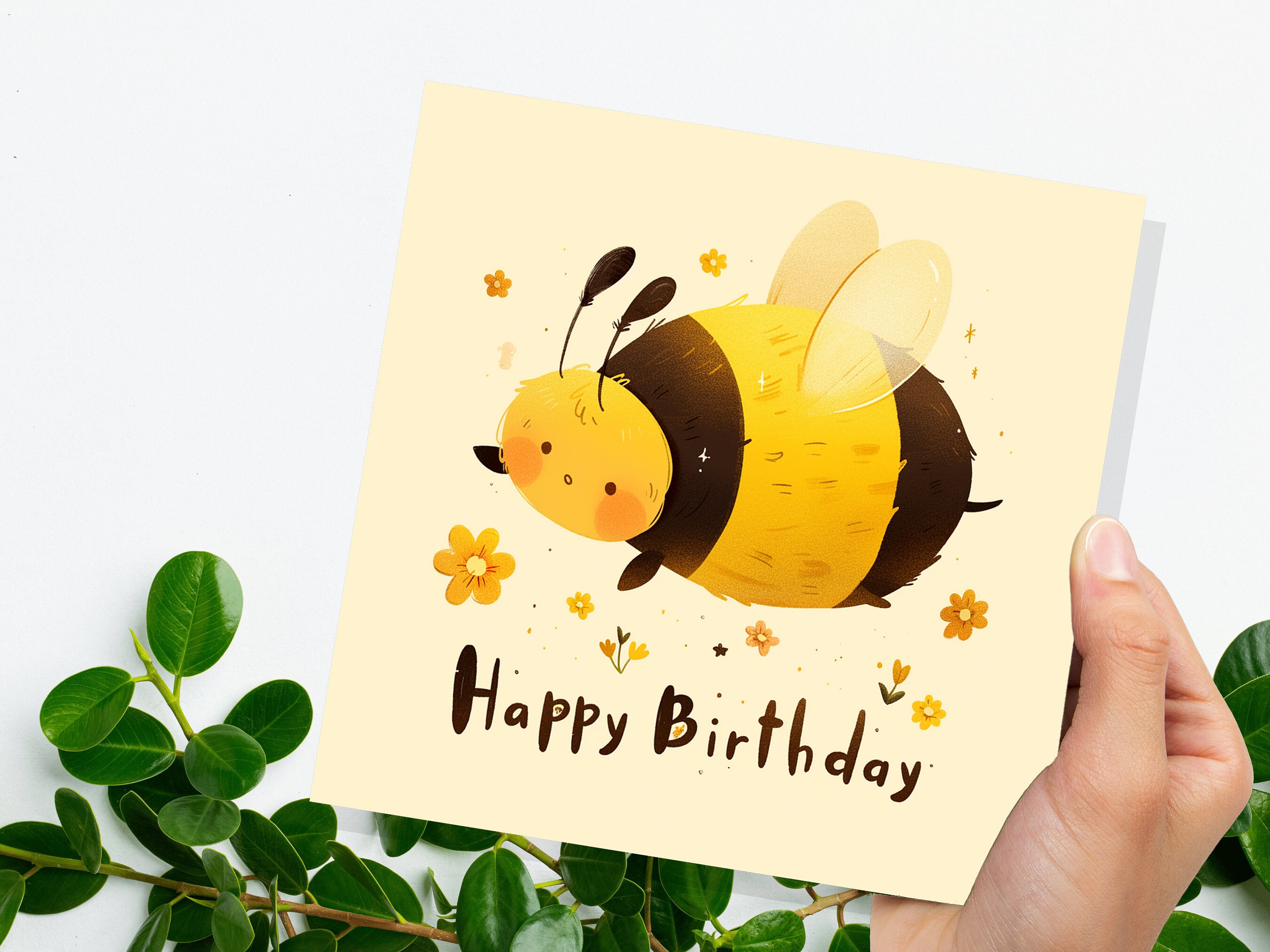 Cute Bee Happy Birthday Card Cartoon BumbleBee Flowers Cute Honey Tones Design for Summer Kids Bee Lovers Climate Nature Wildlife Insects - View 9