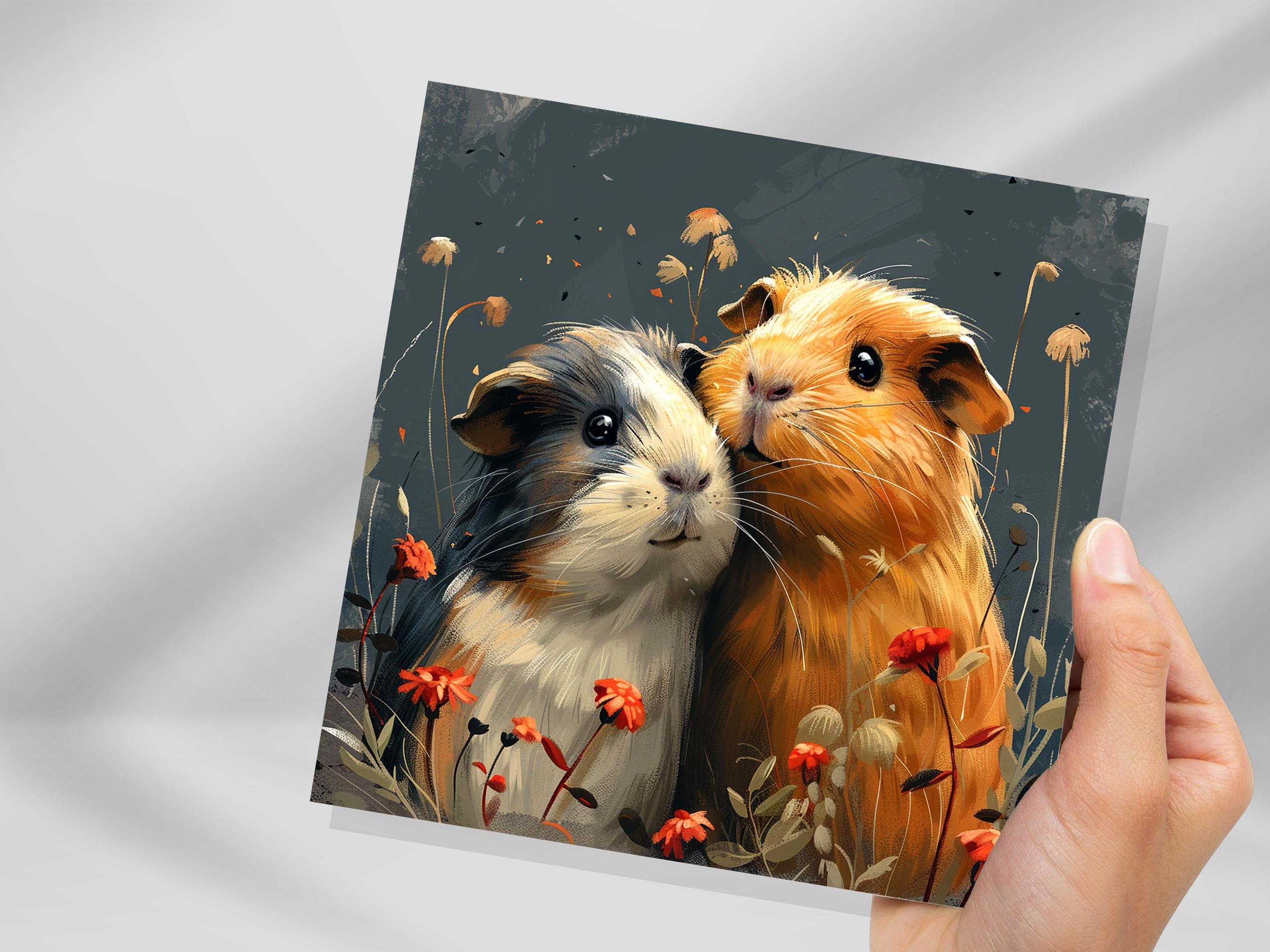 Cute Guinea Pig Greeting Card Pet Portrait with Flowers Unique Art Thank You Card for Pet Sitters Cavy Lovers & Owners Anniversary Wedding - View 9