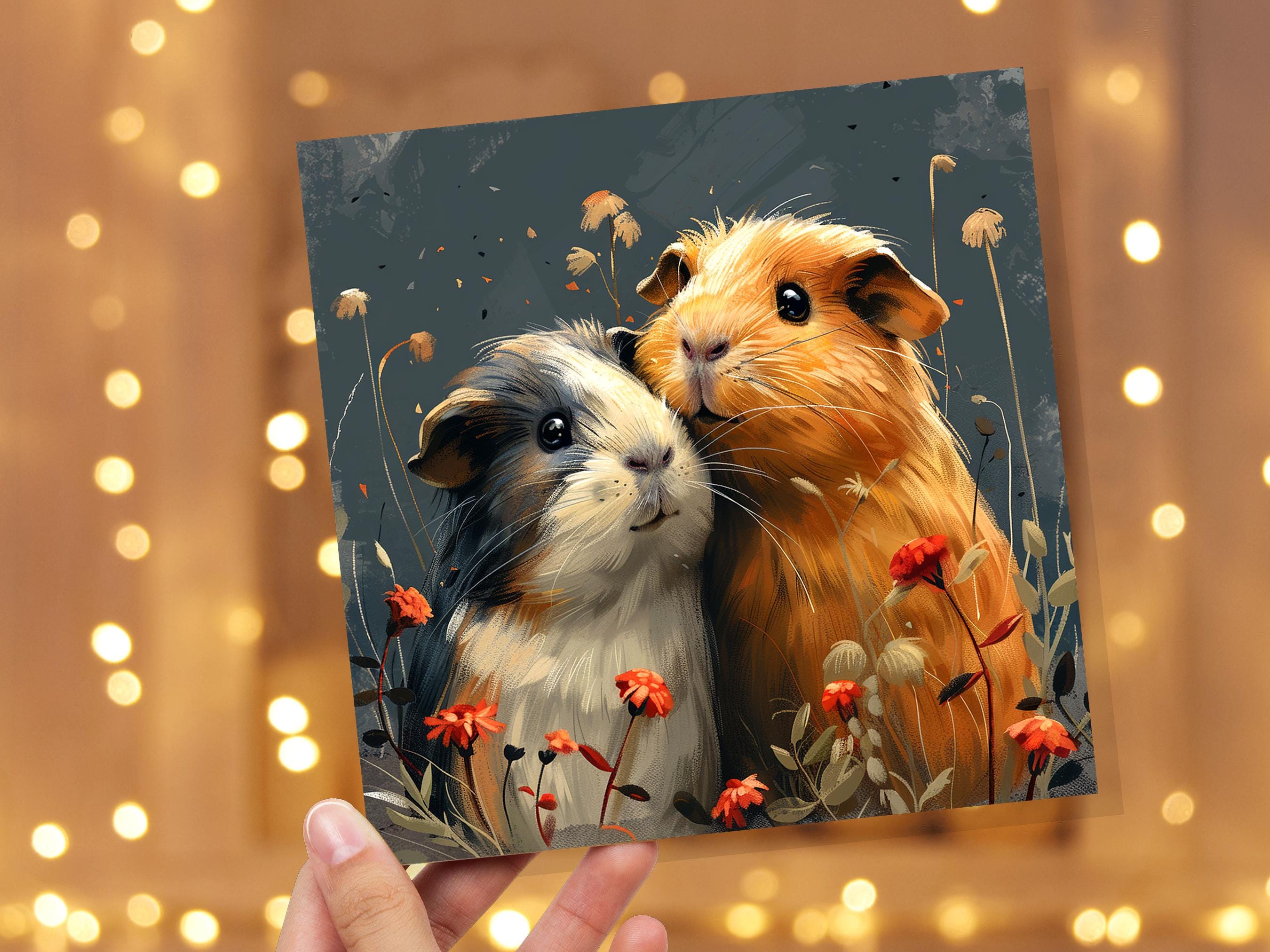 Cute Guinea Pig Greeting Card Pet Portrait with Flowers Unique Art Thank You Card for Pet Sitters Cavy Lovers & Owners Anniversary Wedding - View 6