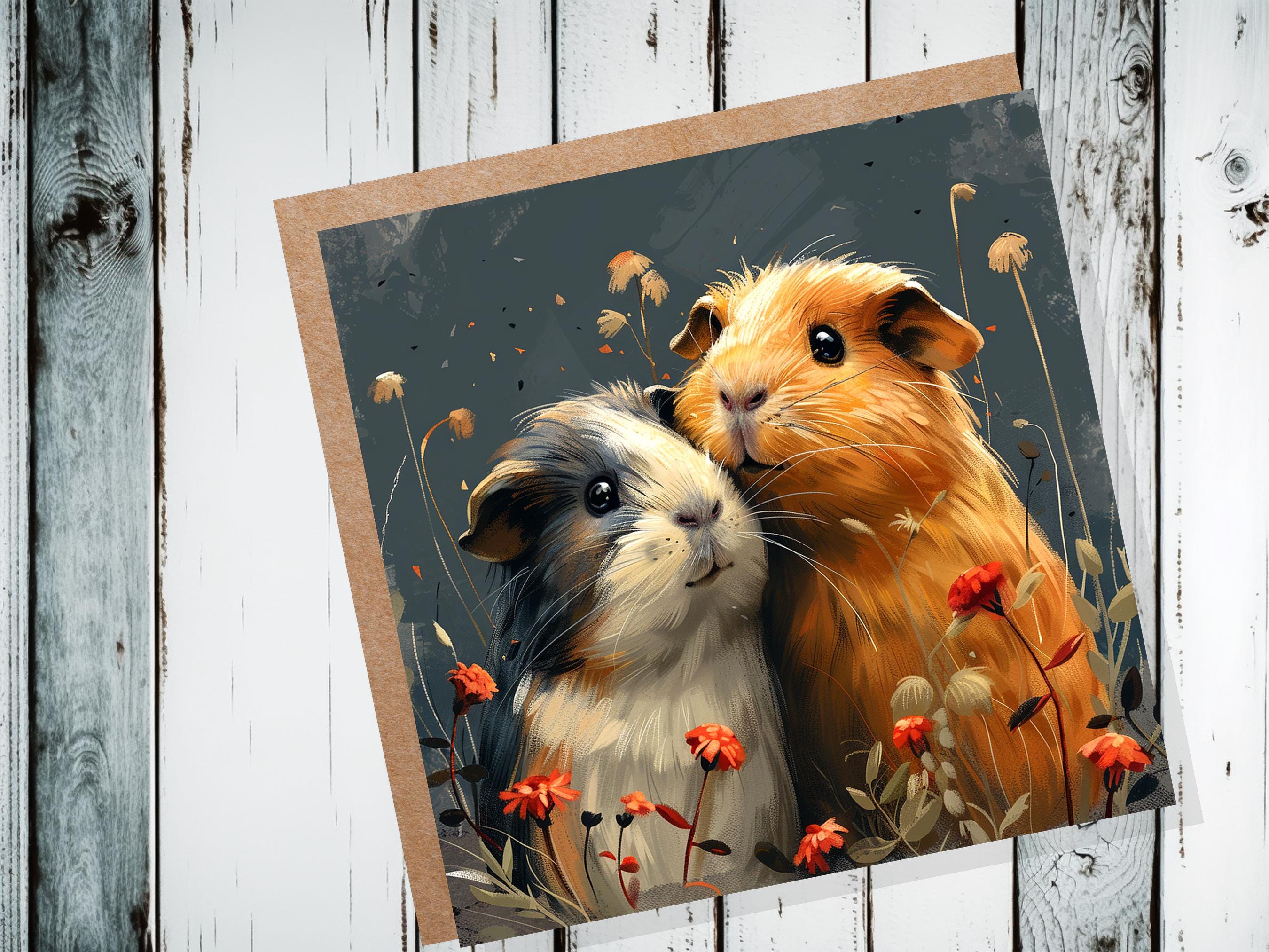 Cute Guinea Pig Greeting Card Pet Portrait with Flowers Unique Art Thank You Card for Pet Sitters Cavy Lovers & Owners Anniversary Wedding - View 3