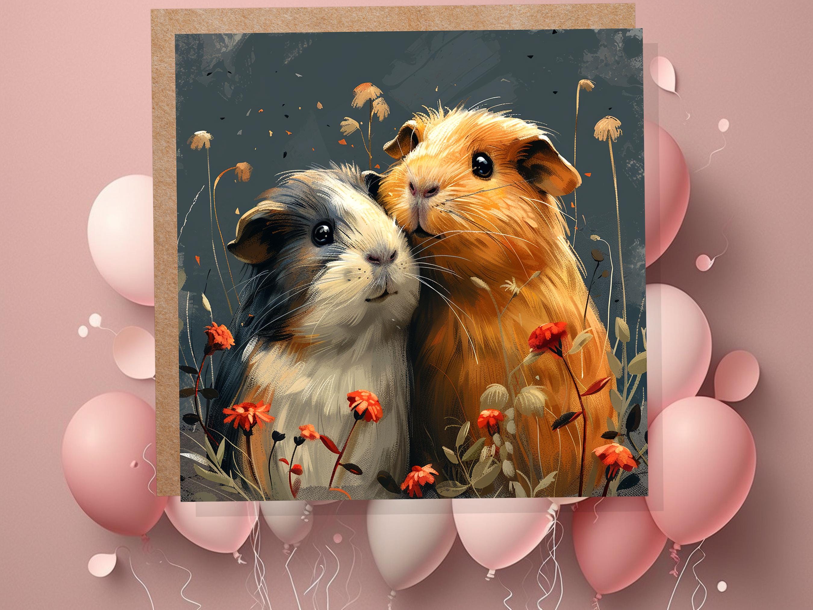 Cute Guinea Pig Greeting Card Pet Portrait with Flowers Unique Art Thank You Card for Pet Sitters Cavy Lovers & Owners Anniversary Wedding - View 2