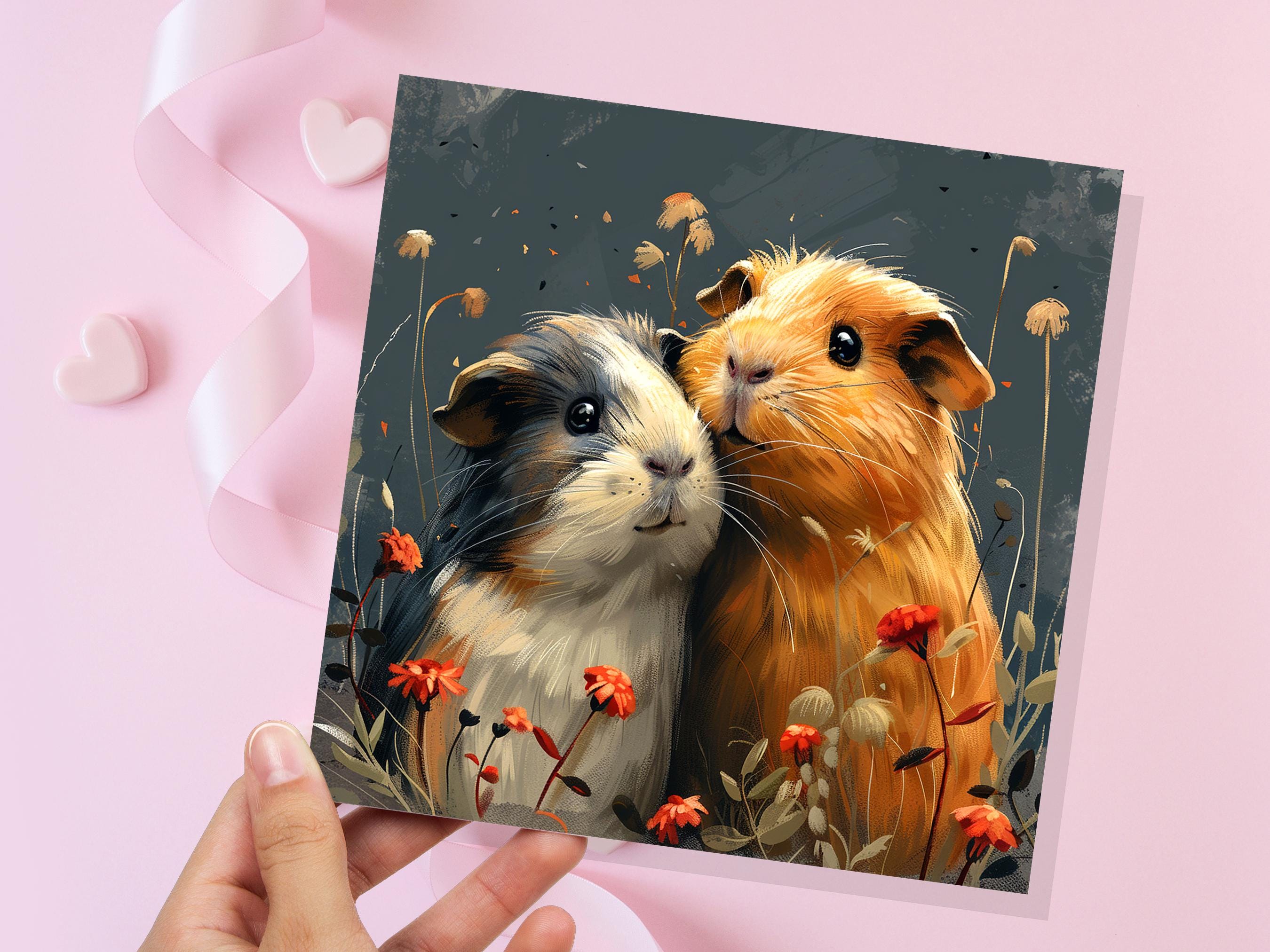 Cute Guinea Pig Greeting Card Pet Portrait with Flowers Unique Art Thank You Card for Pet Sitters Cavy Lovers & Owners Anniversary Wedding - View 5