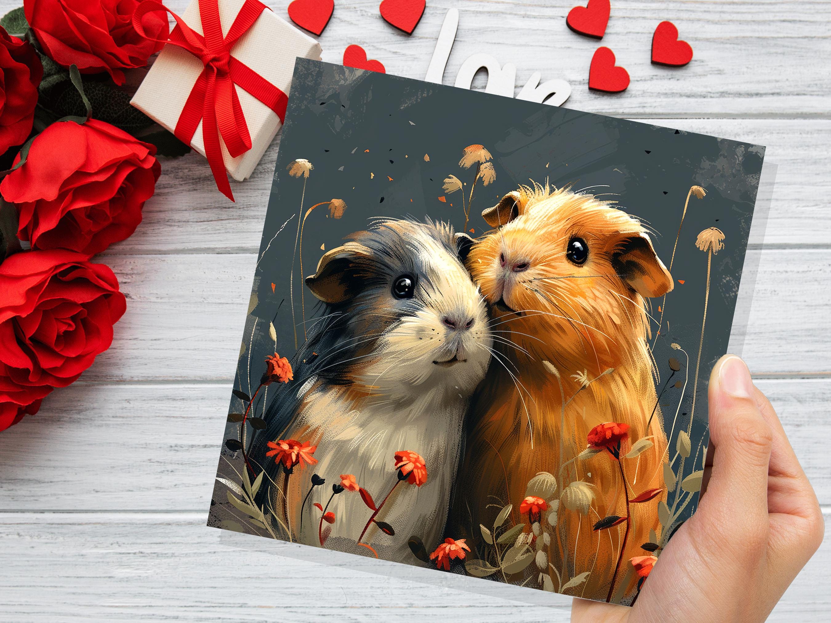 Cute Guinea Pig Greeting Card Pet Portrait with Flowers Unique Art Thank You Card for Pet Sitters Cavy Lovers & Owners Anniversary Wedding