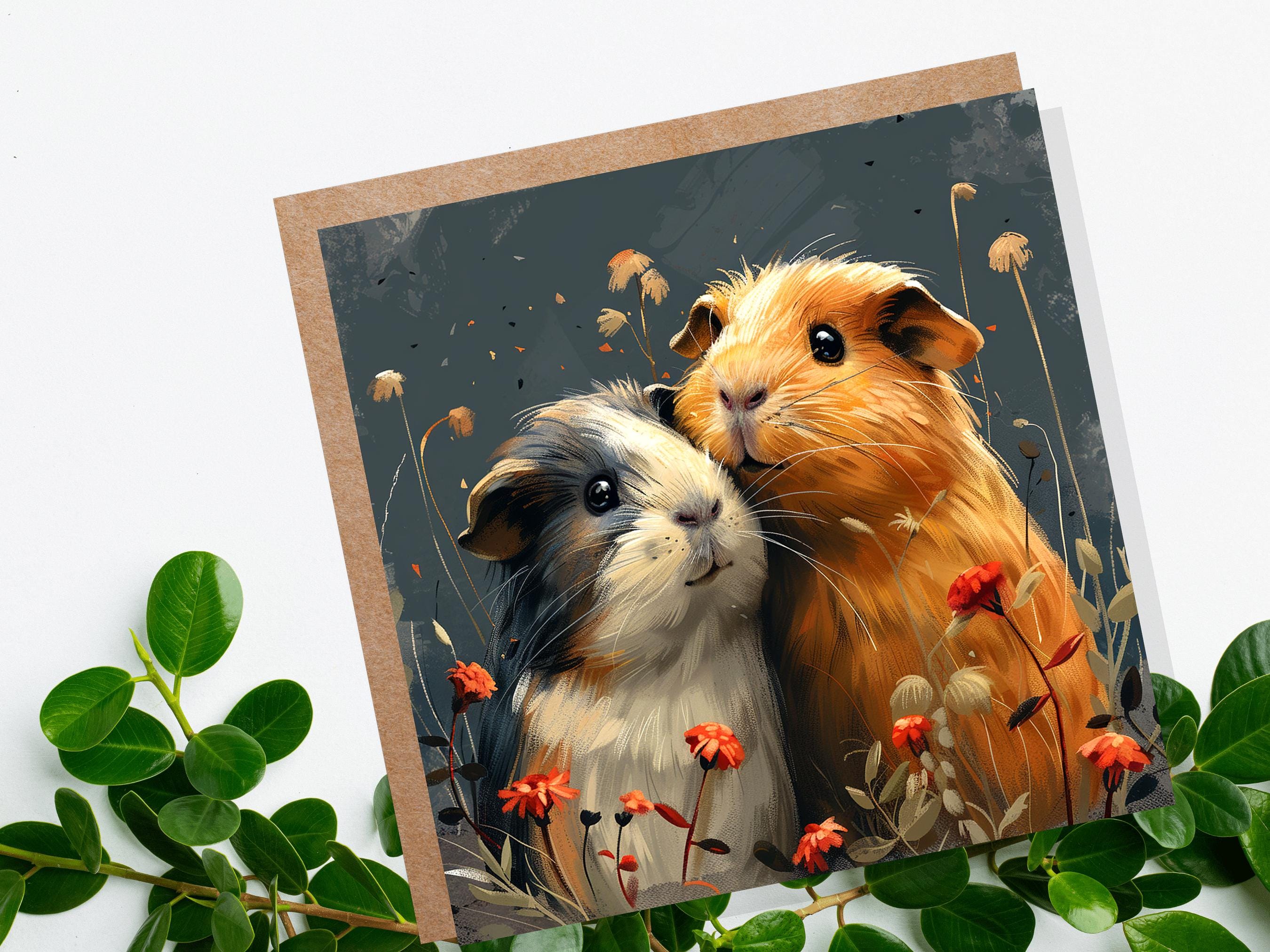 Cute Guinea Pig Greeting Card Pet Portrait with Flowers Unique Art Thank You Card for Pet Sitters Cavy Lovers & Owners Anniversary Wedding - View 4