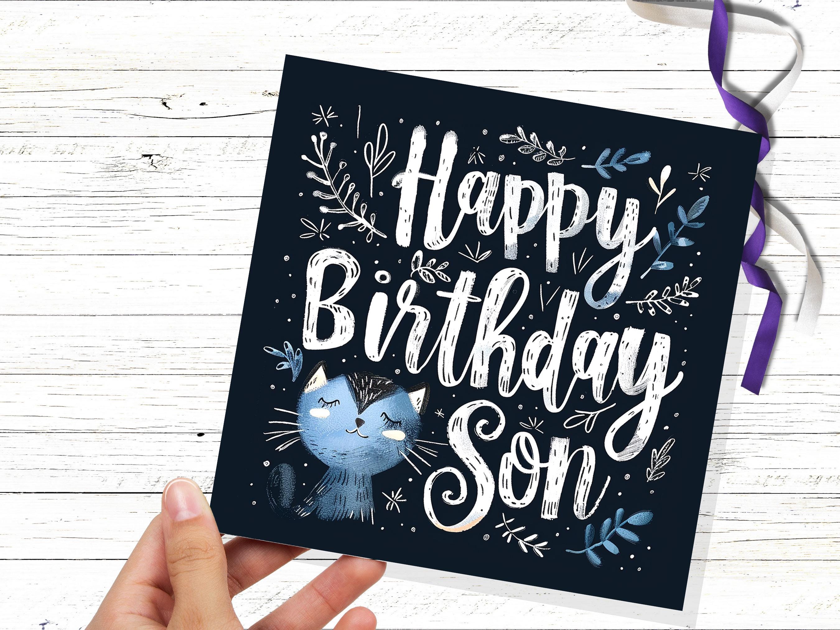 Cute Cat Birthday Greeting Card for Son Unique Handlettered Design with Blue Kitten Folk Art Style with Leaves & Branches for Cat Lovers