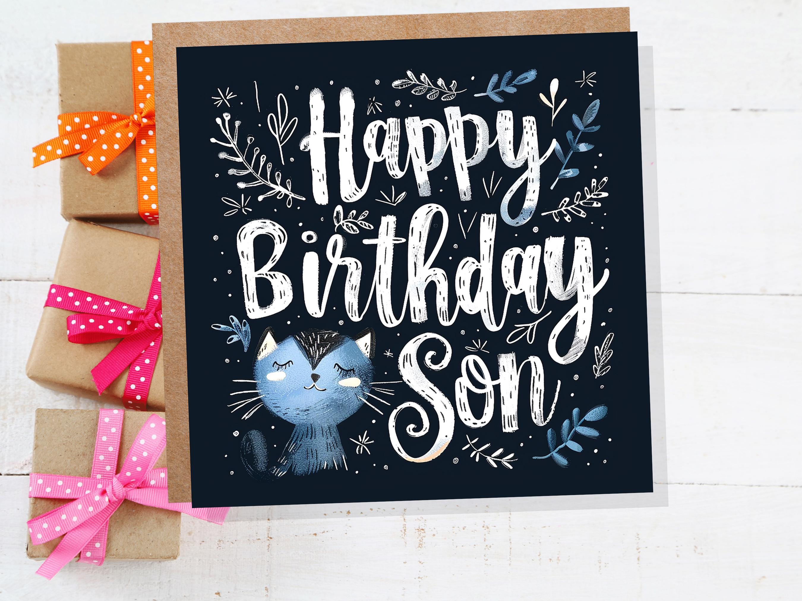 Cute Cat Birthday Greeting Card for Son Unique Handlettered Design with Blue Kitten Folk Art Style with Leaves & Branches for Cat Lovers - View 2