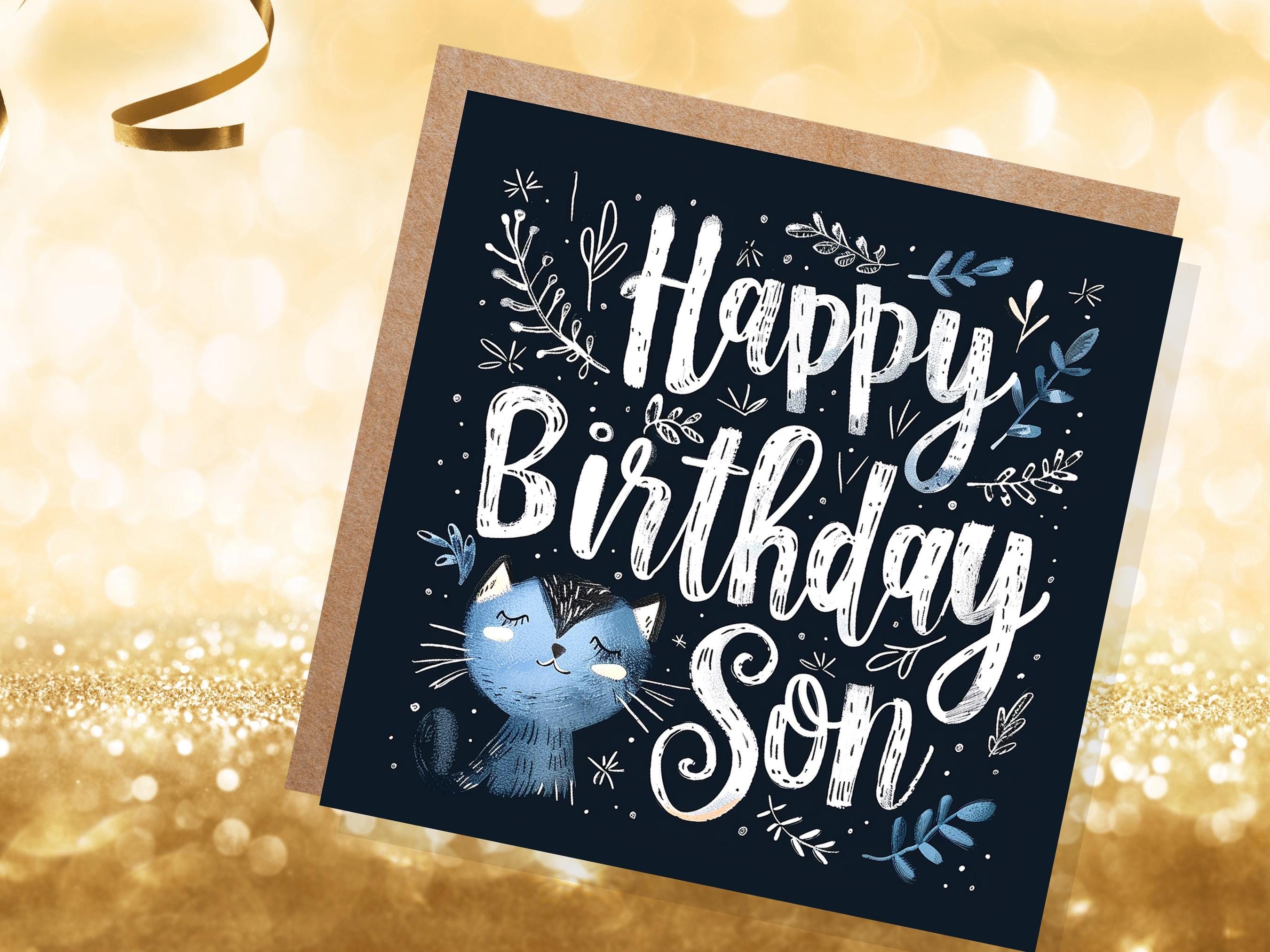 Cute Cat Birthday Greeting Card for Son Unique Handlettered Design with Blue Kitten Folk Art Style with Leaves & Branches for Cat Lovers - View 3