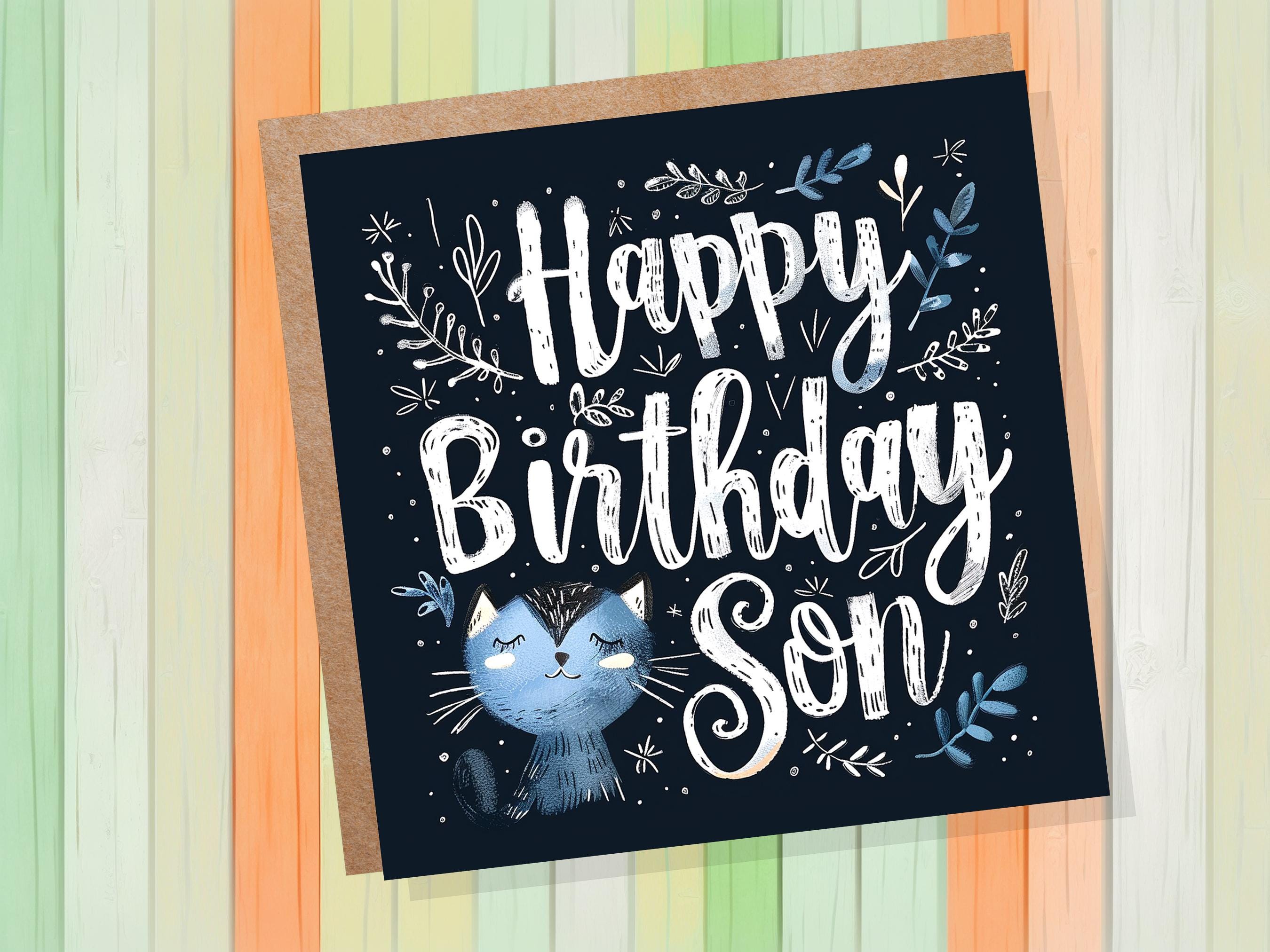 Cute Cat Birthday Greeting Card for Son Unique Handlettered Design with Blue Kitten Folk Art Style with Leaves & Branches for Cat Lovers - View 4