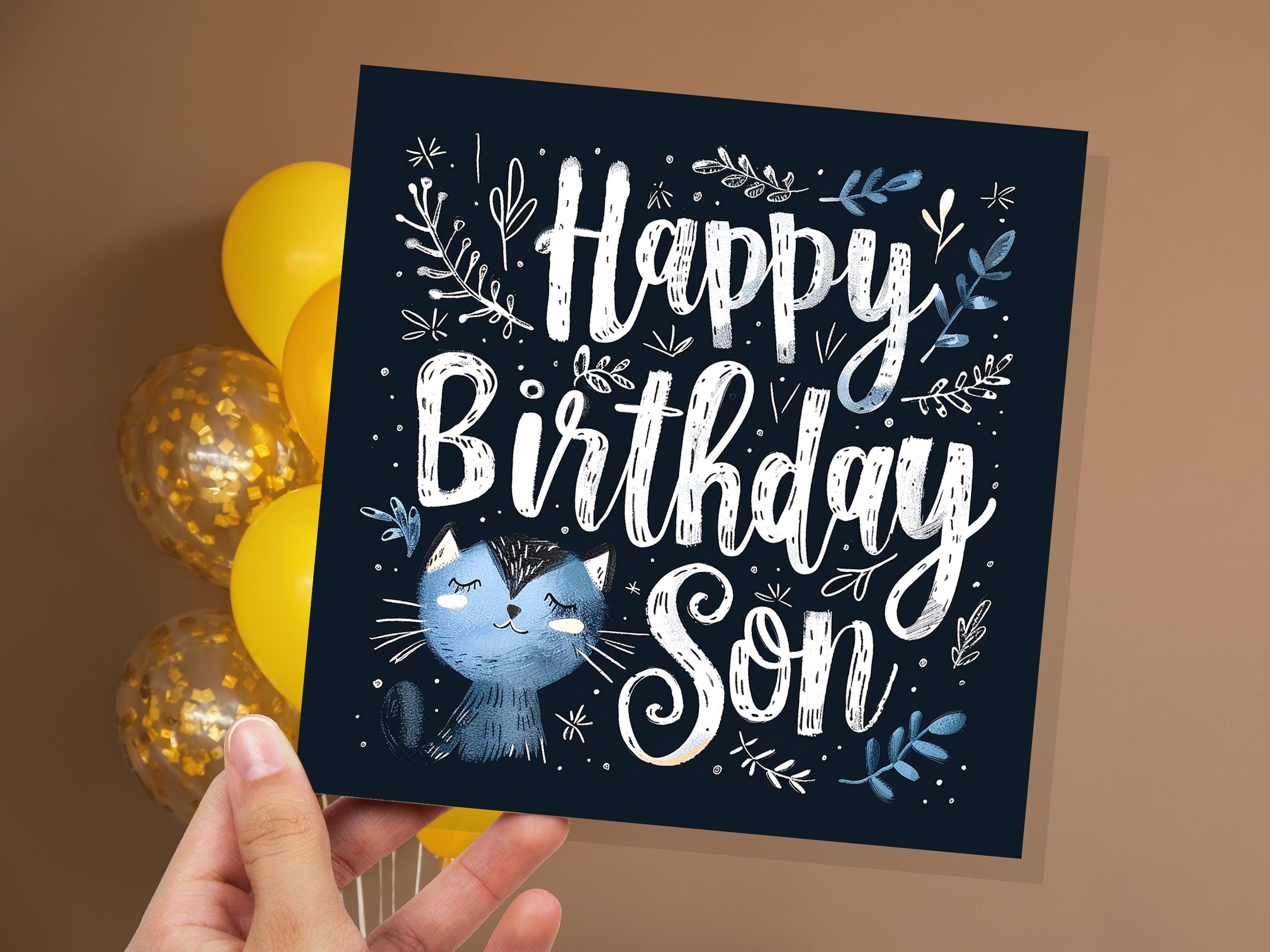 Cute Cat Birthday Greeting Card for Son Unique Handlettered Design with Blue Kitten Folk Art Style with Leaves & Branches for Cat Lovers - View 5