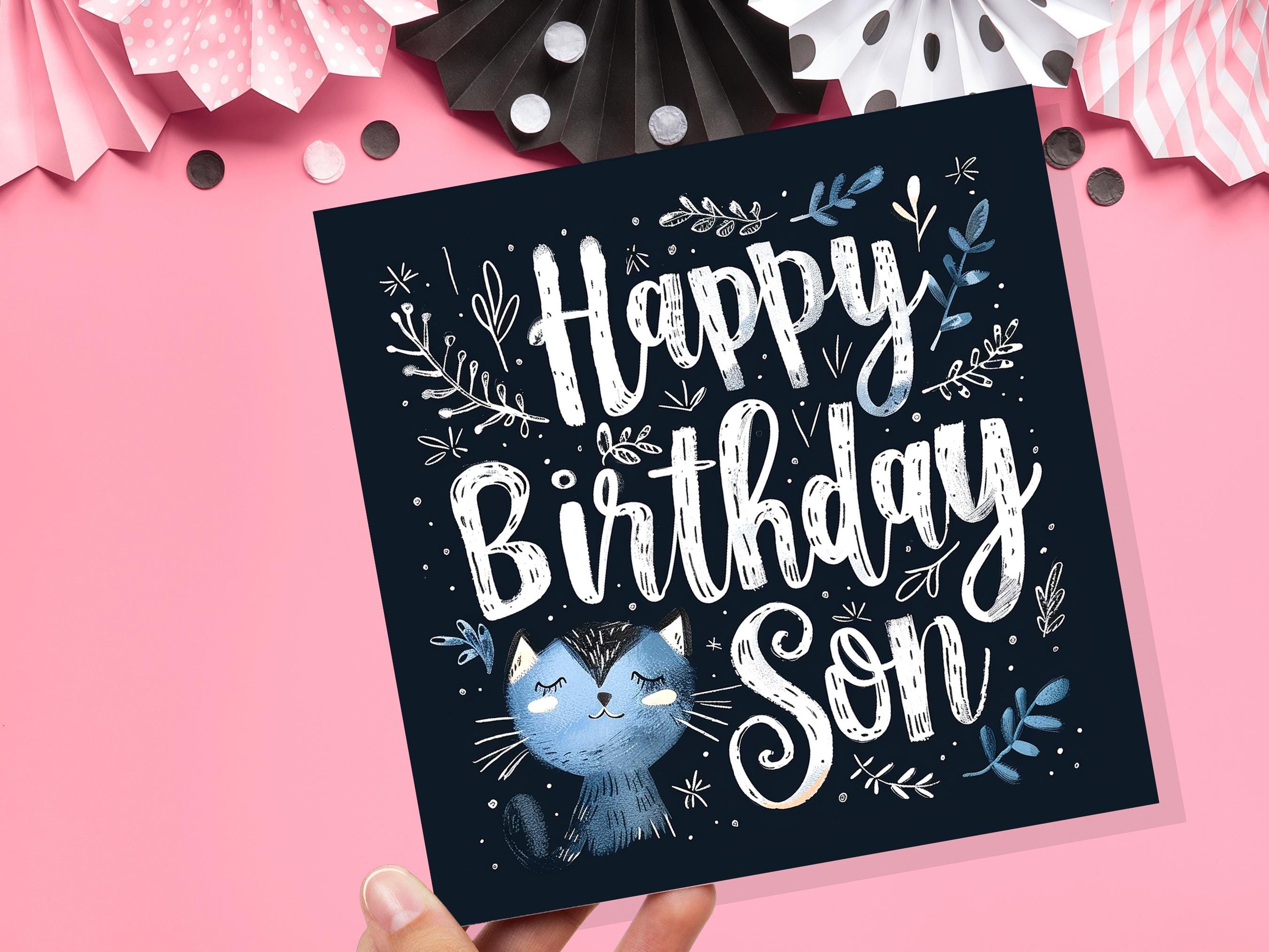 Cute Cat Birthday Greeting Card for Son Unique Handlettered Design with Blue Kitten Folk Art Style with Leaves & Branches for Cat Lovers - View 6